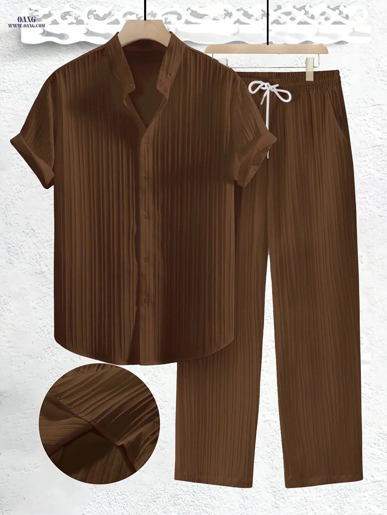 Summer Men's 2pcs Casual Set - Short Sleeve Shirt & Drawstring Pants   OAXG Black / FR S