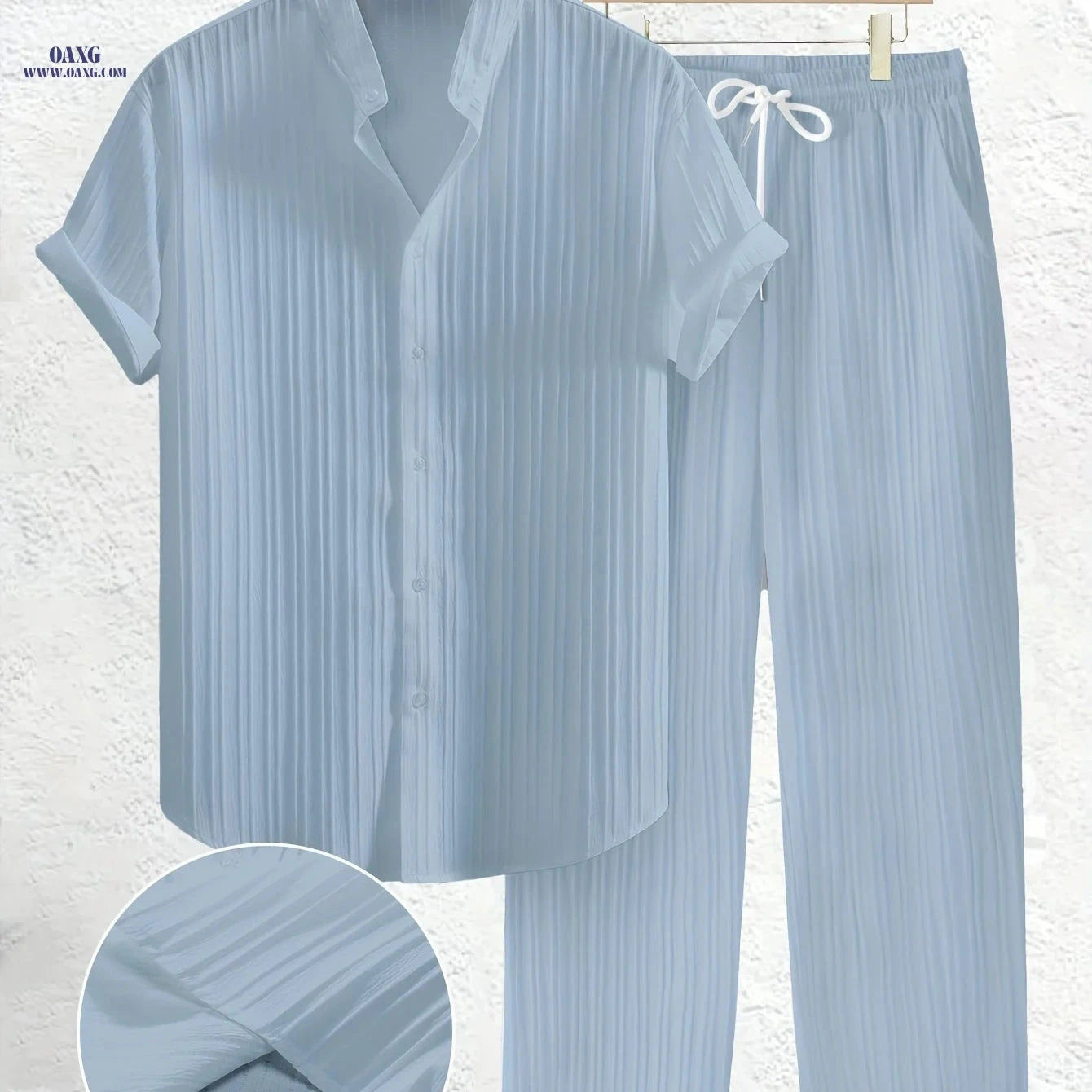 Summer Men's 2pcs Casual Set - Short Sleeve Shirt & Drawstring Pants   OAXG Black / FR S