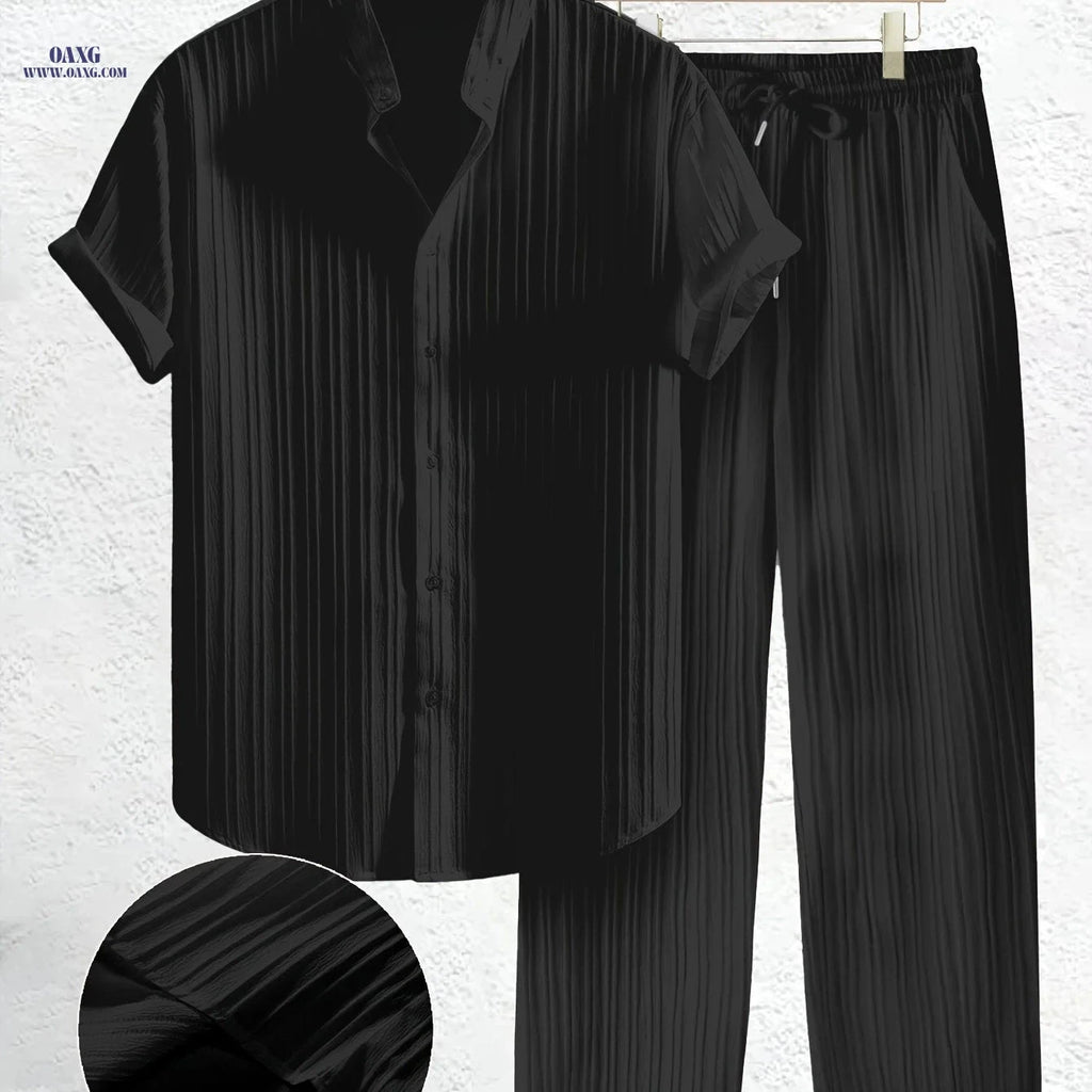 Summer Men's 2pcs Casual Set - Short Sleeve Shirt & Drawstring Pants   OAXG Black / FR S
