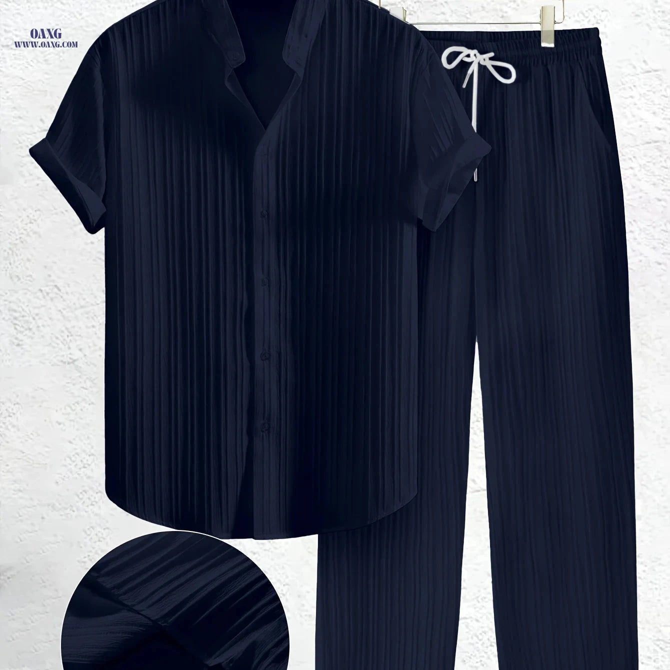 Summer Men's 2pcs Casual Set - Short Sleeve Shirt & Drawstring Pants   OAXG Black / FR S