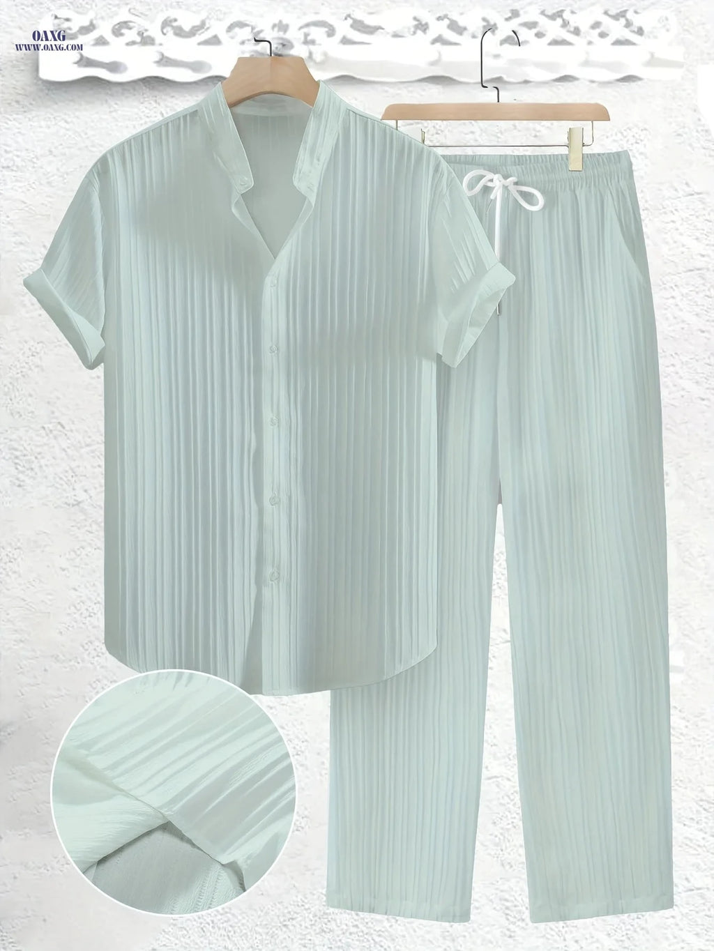 Summer Men's 2pcs Casual Set - Short Sleeve Shirt & Drawstring Pants   OAXG 