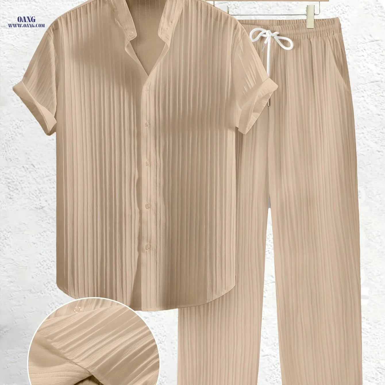 Summer Men's 2pcs Casual Set - Short Sleeve Shirt & Drawstring Pants   OAXG 