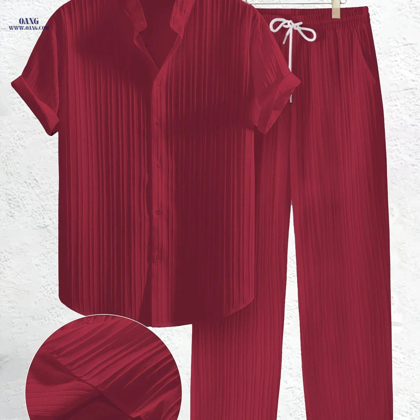 Summer Men's 2pcs Casual Set - Short Sleeve Shirt & Drawstring Pants   OAXG 