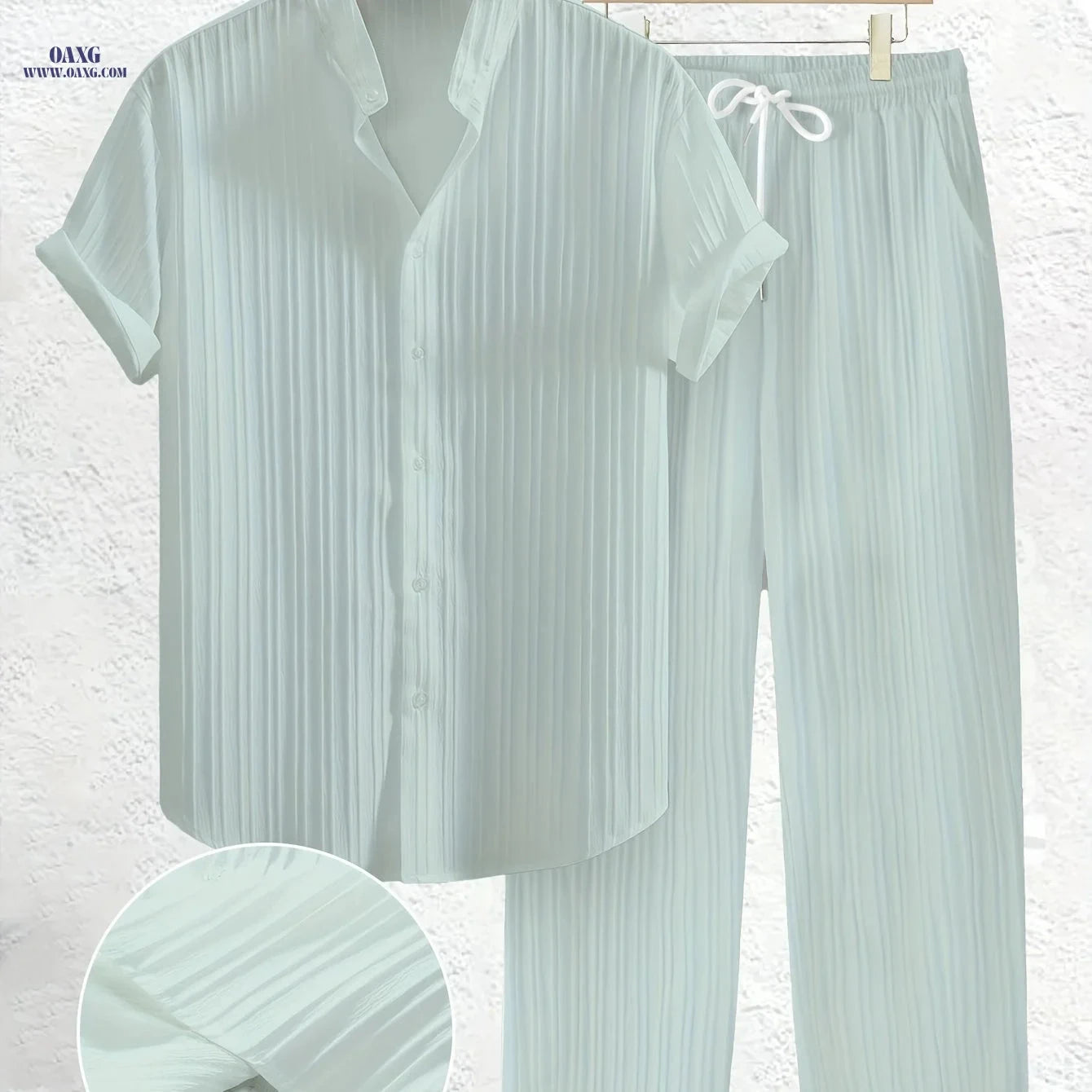 Summer Men's 2pcs Casual Set - Short Sleeve Shirt & Drawstring Pants   OAXG 