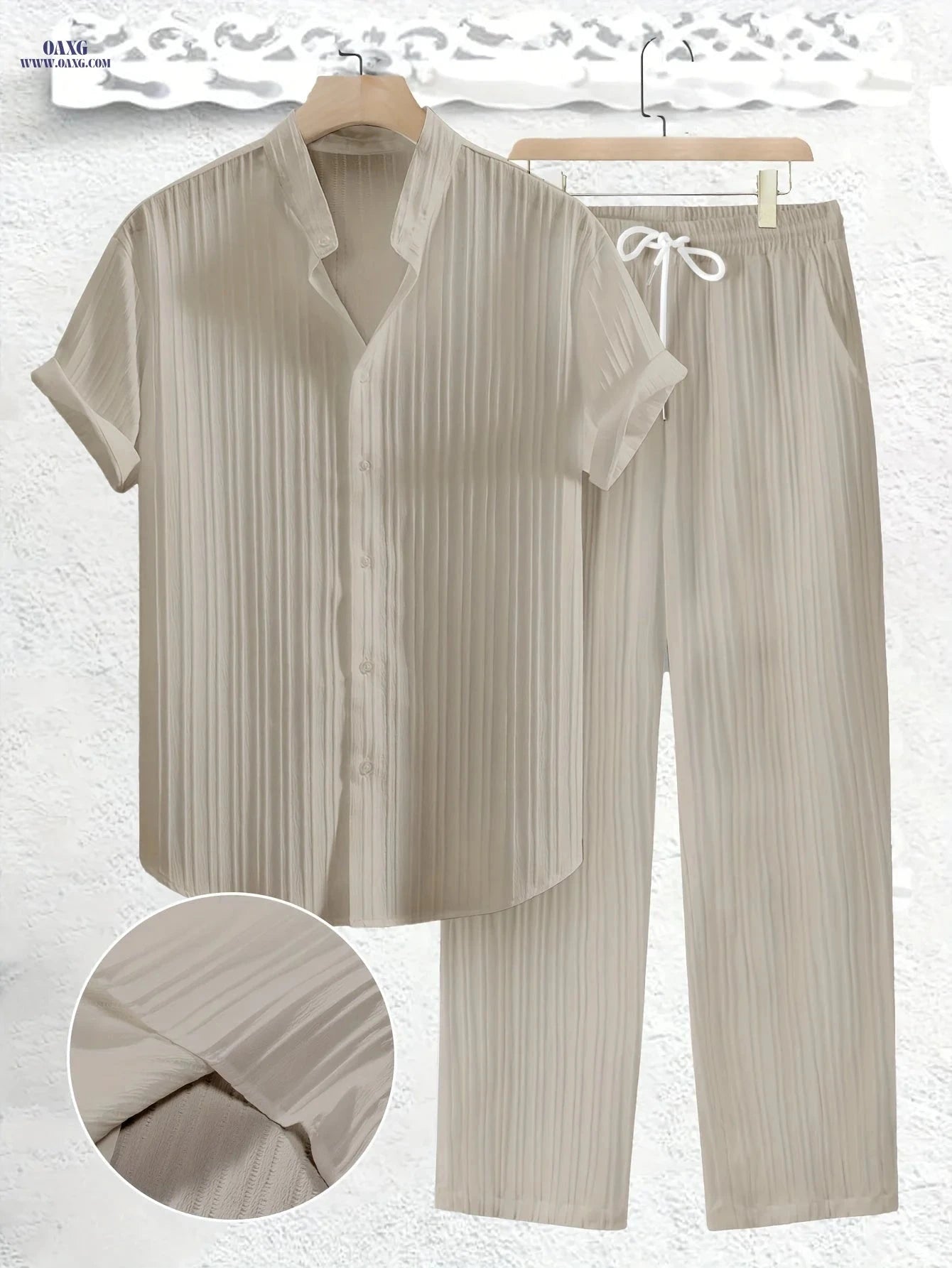 Summer Men's 2pcs Casual Set - Short Sleeve Shirt & Drawstring Pants   OAXG 