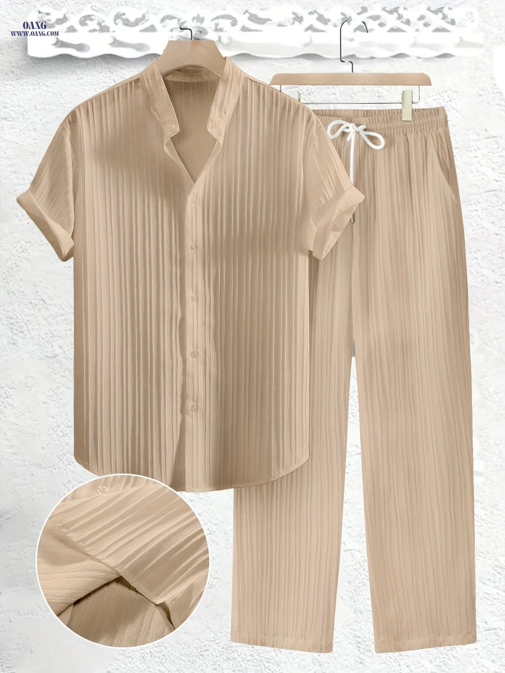 Summer Men's 2pcs Casual Set - Short Sleeve Shirt & Drawstring Pants   OAXG 