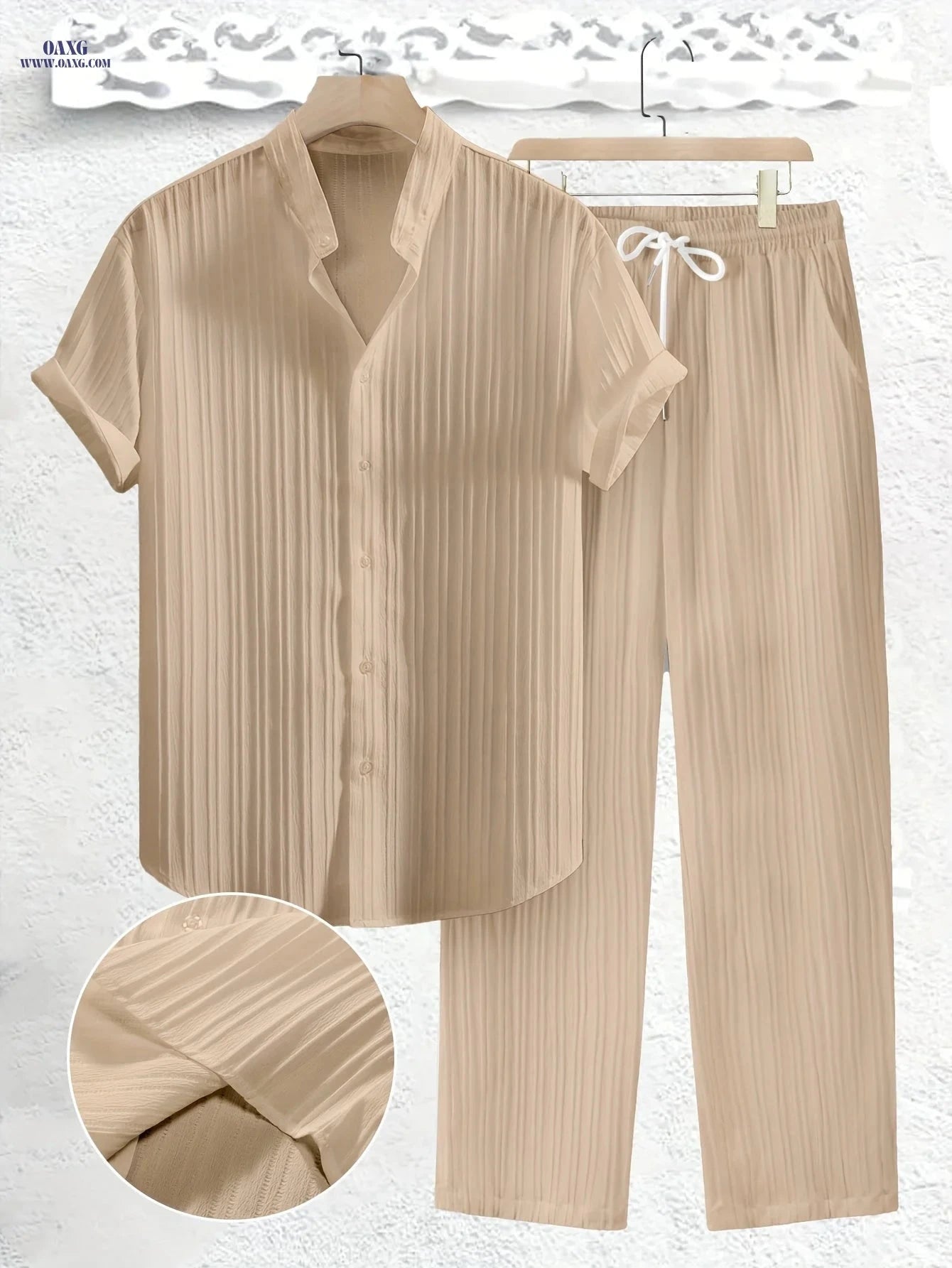 Summer Men's 2pcs Casual Set - Short Sleeve Shirt & Drawstring Pants   OAXG 