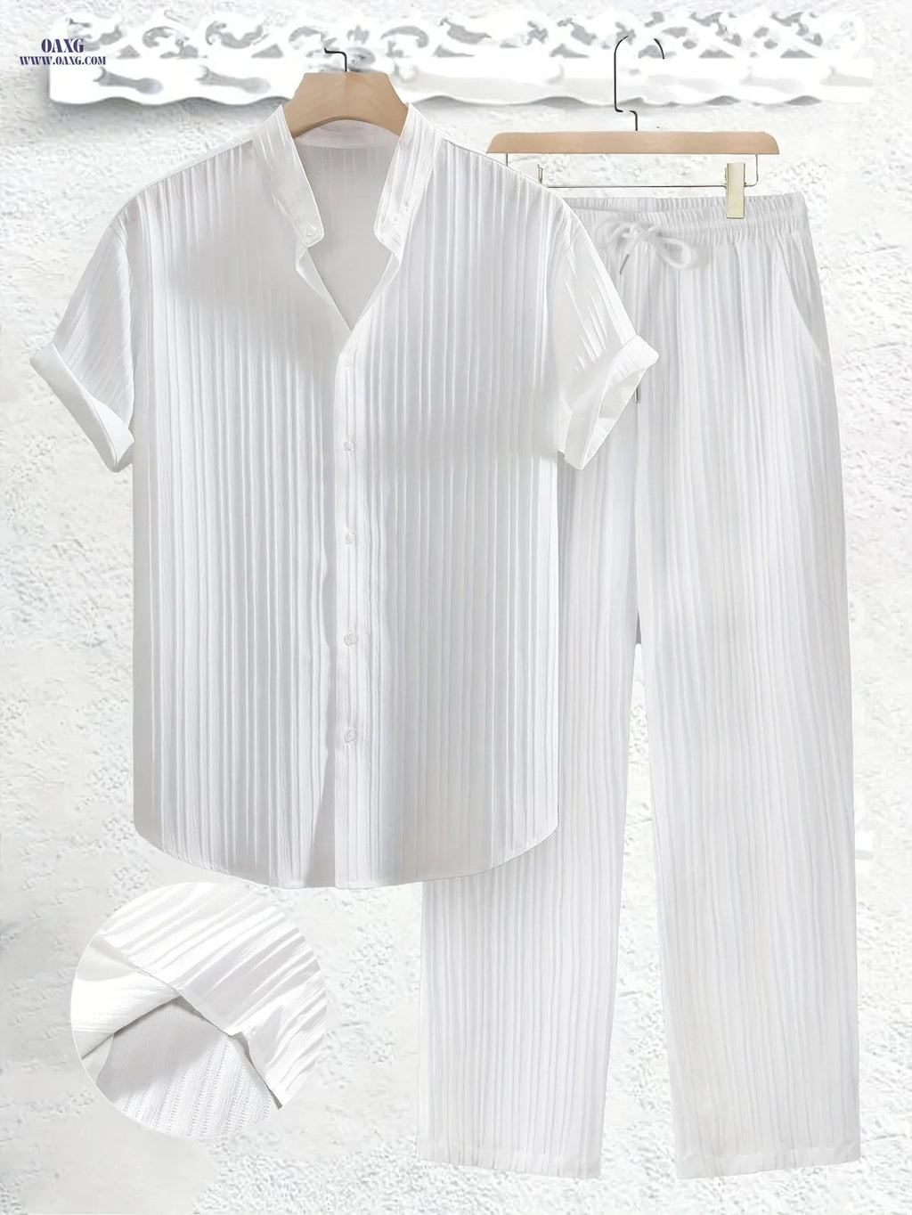 Summer Men's 2pcs Casual Set - Short Sleeve Shirt & Drawstring Pants   OAXG 