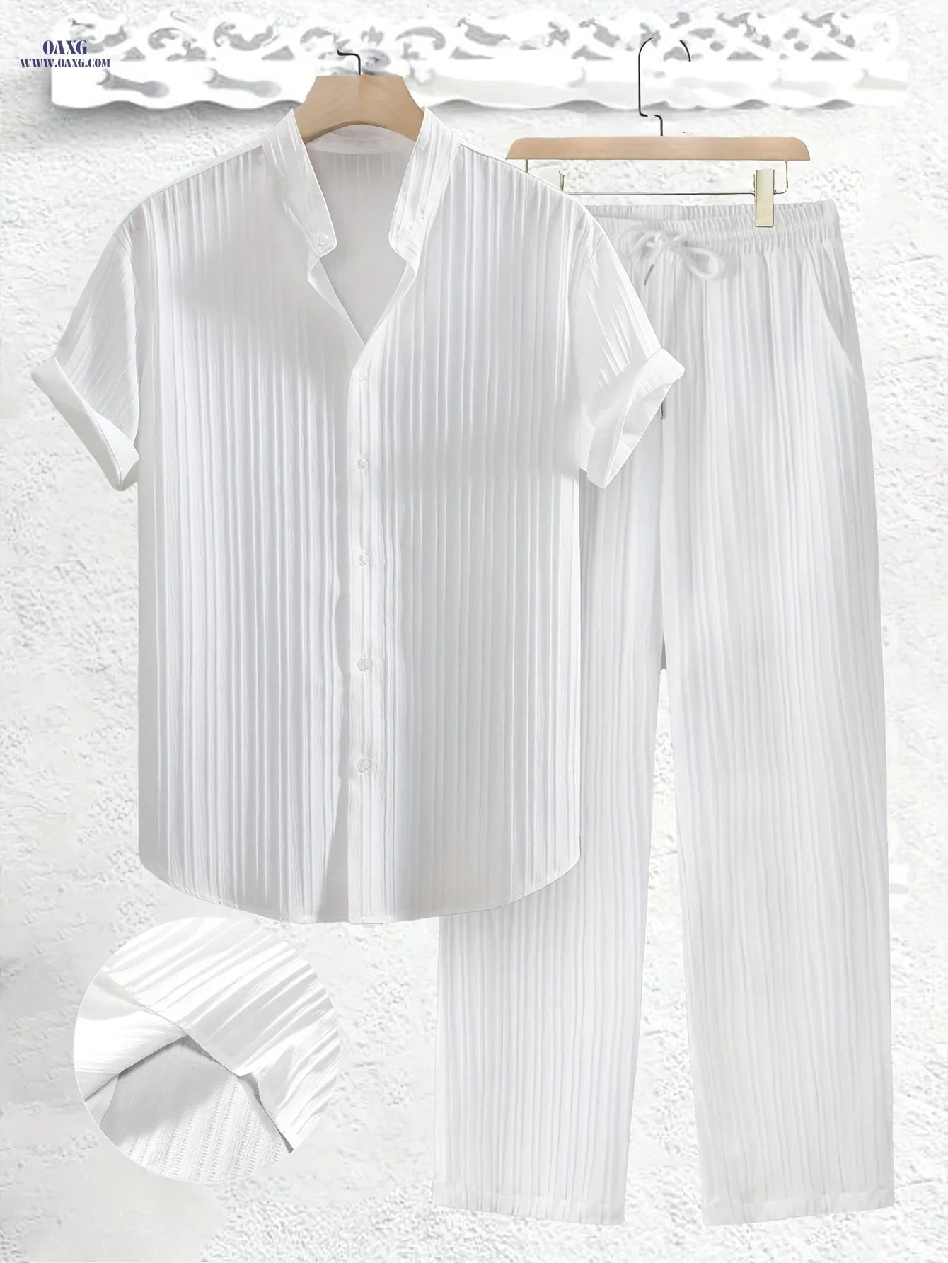 Summer Men's 2pcs Casual Set - Short Sleeve Shirt & Drawstring Pants   OAXG 
