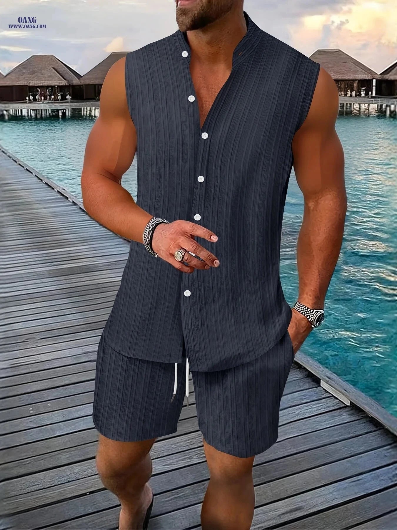 Summer Men's Casual Henley Neck Sleeveless Shirt and Shorts Set   OAXG 