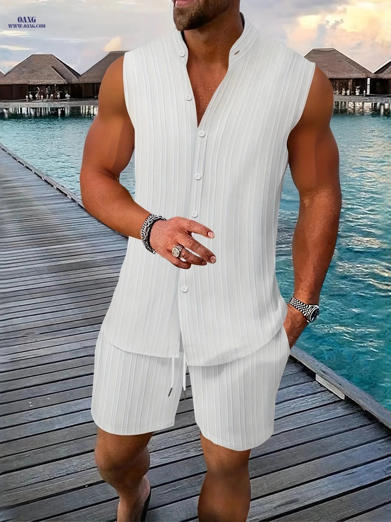 Summer Men's Casual Henley Neck Sleeveless Shirt and Shorts Set   OAXG 