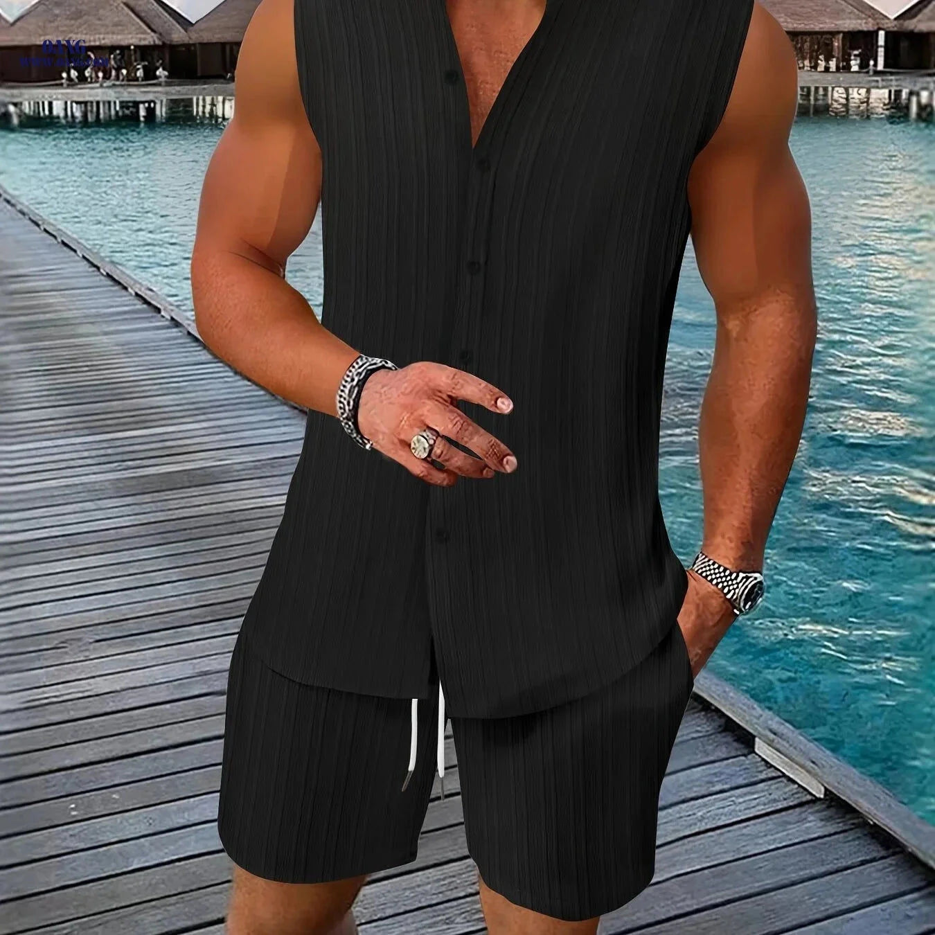 Summer Men's Casual Henley Neck Sleeveless Shirt and Shorts Set   OAXG 