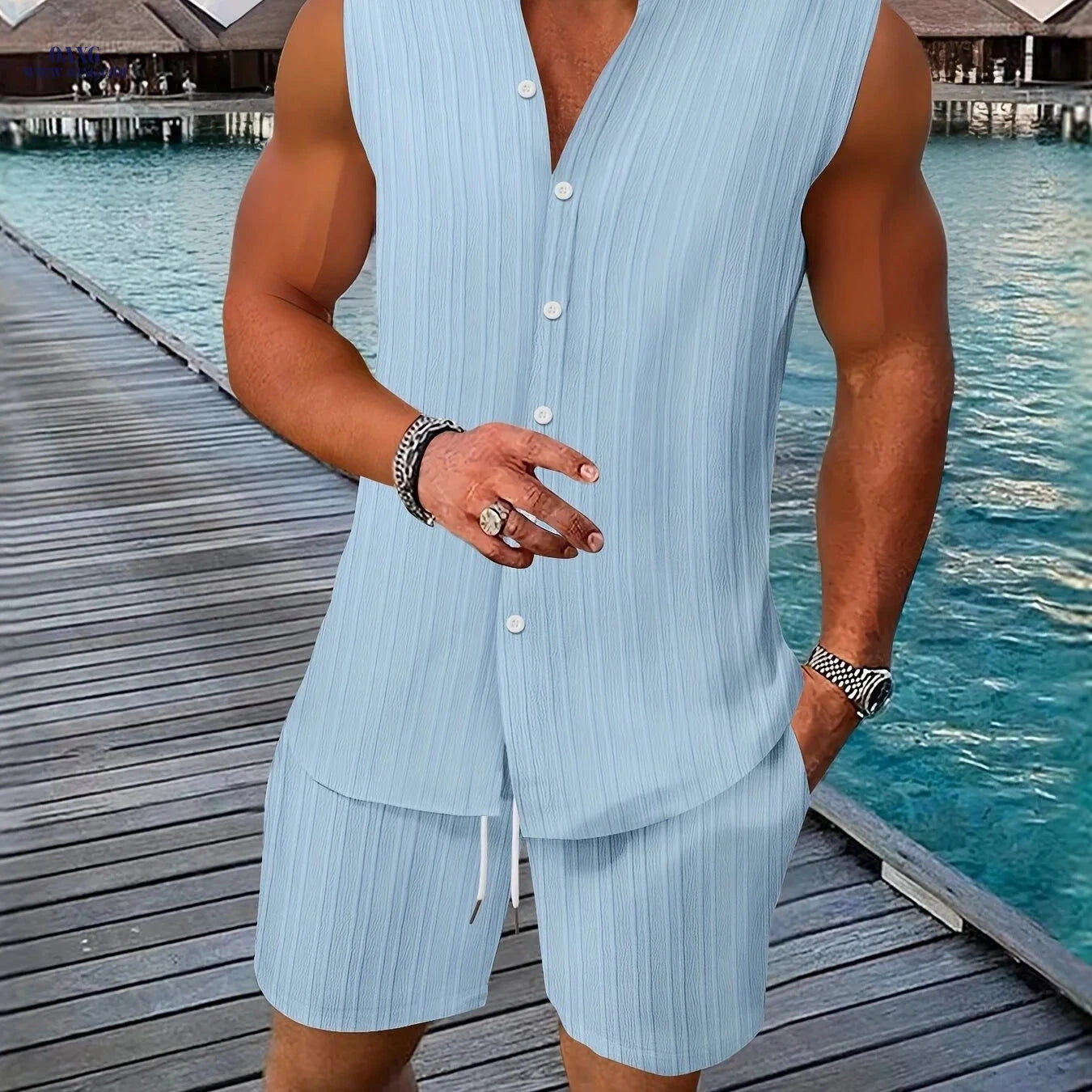 Summer Men's Casual Henley Neck Sleeveless Shirt and Shorts Set   OAXG 