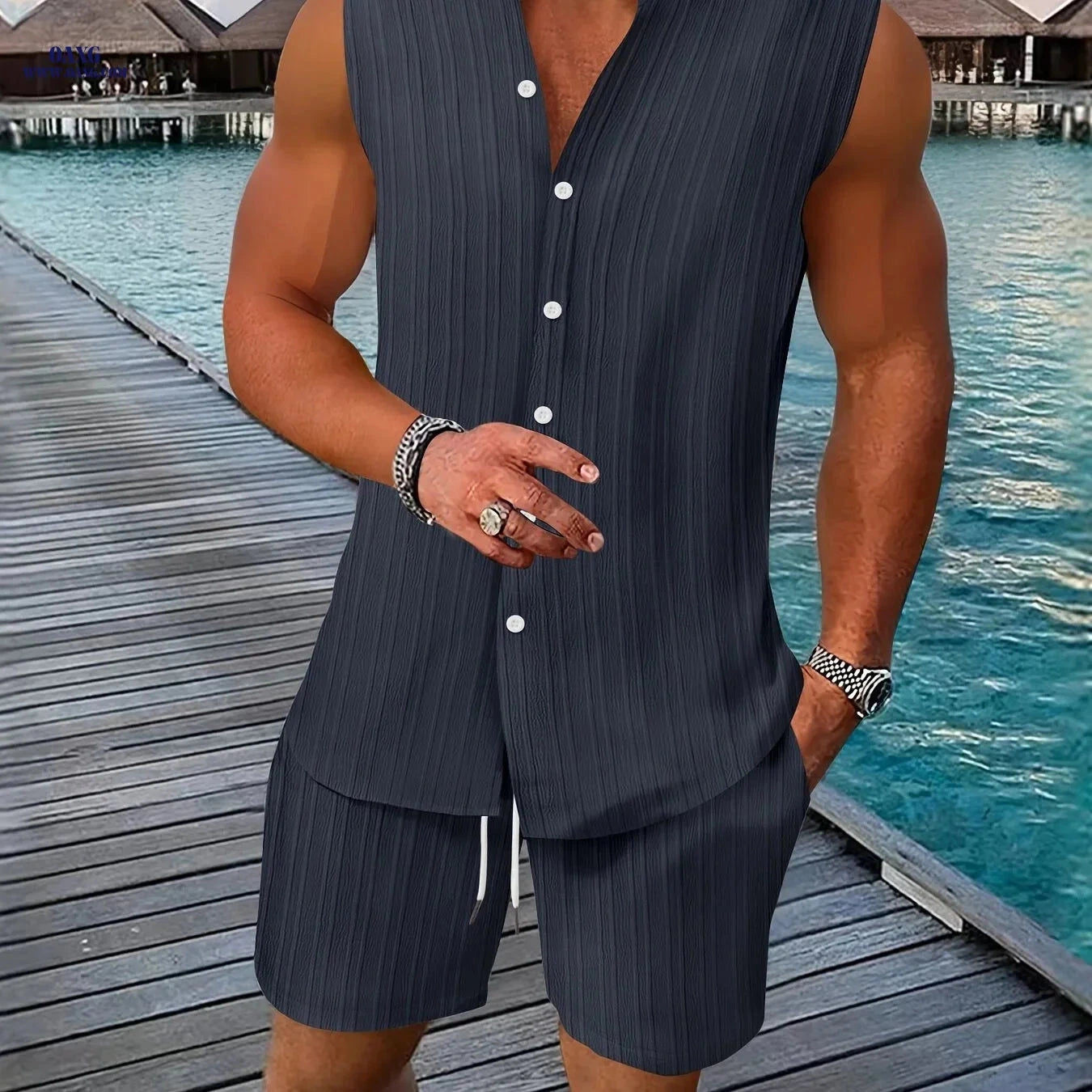Summer Men's Casual Henley Neck Sleeveless Shirt and Shorts Set   OAXG 