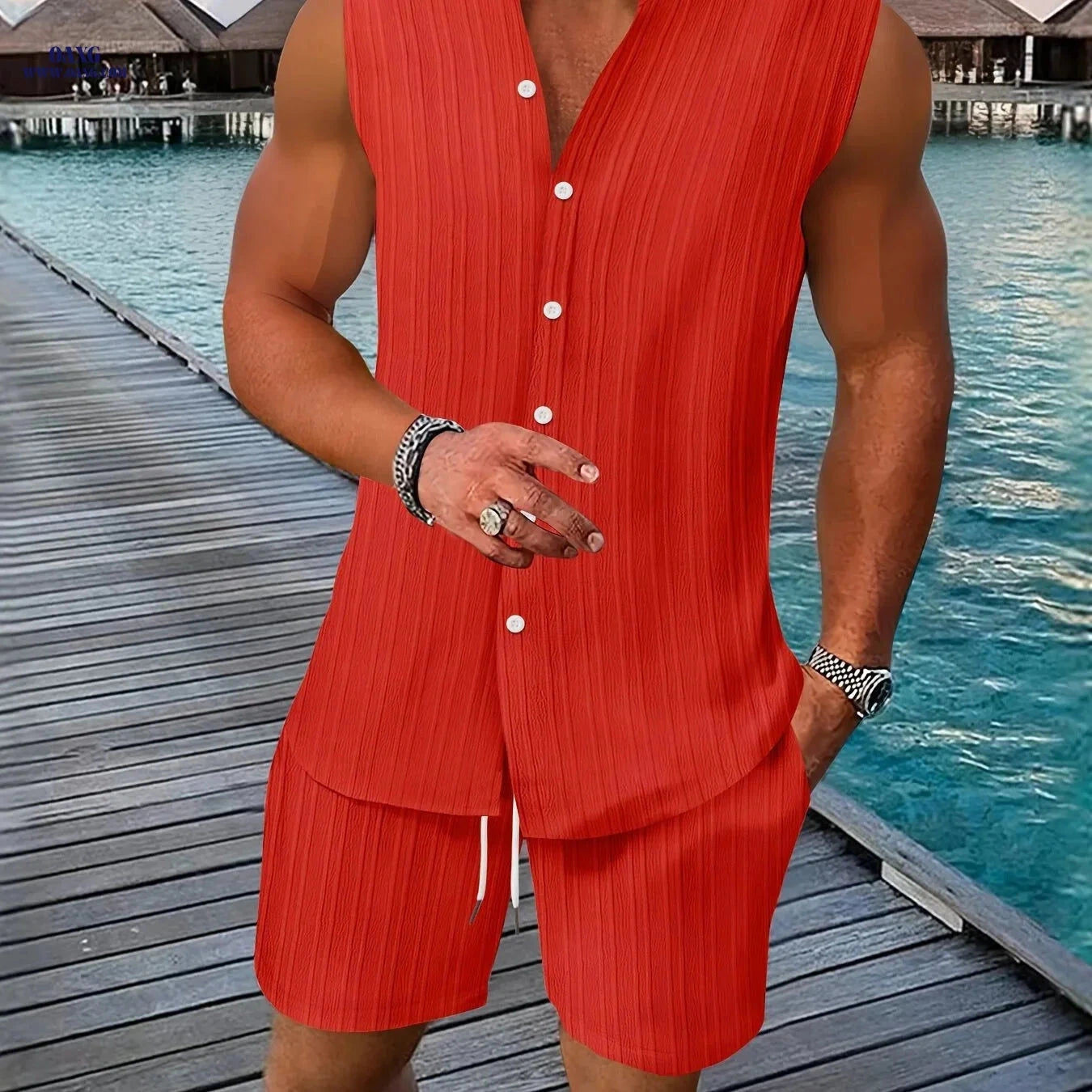 Summer Men's Casual Henley Neck Sleeveless Shirt and Shorts Set   OAXG 