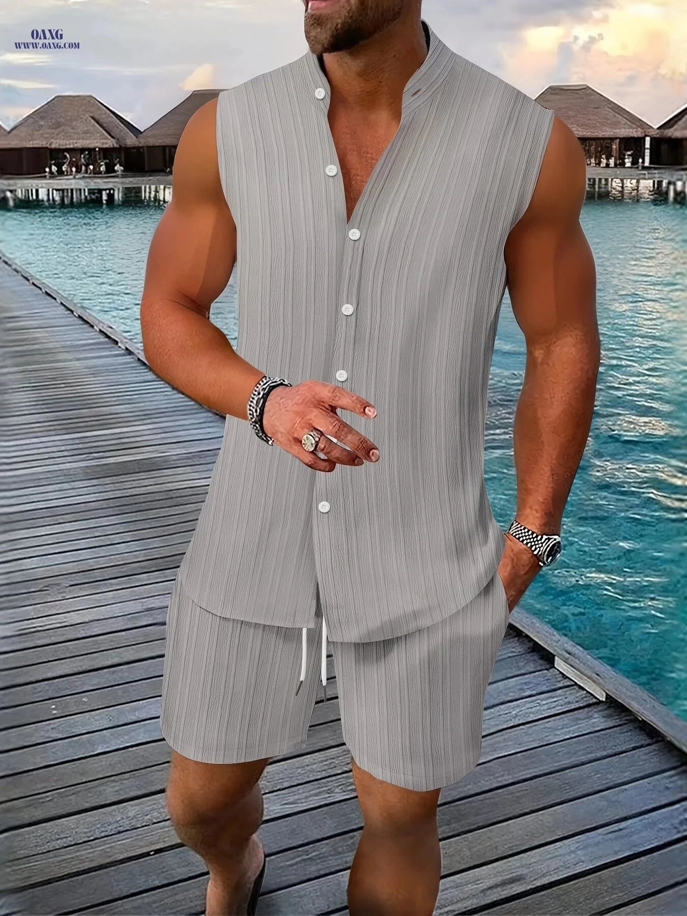 Summer Men's Casual Henley Neck Sleeveless Shirt and Shorts Set   OAXG 