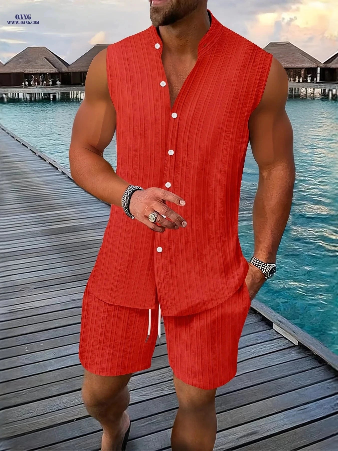 Summer Men's Casual Henley Neck Sleeveless Shirt and Shorts Set   OAXG Black / FR S