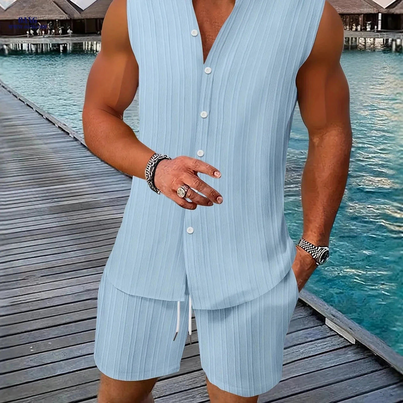 Summer Men's Casual Henley Neck Sleeveless Shirt and Shorts Set   OAXG Black / FR S