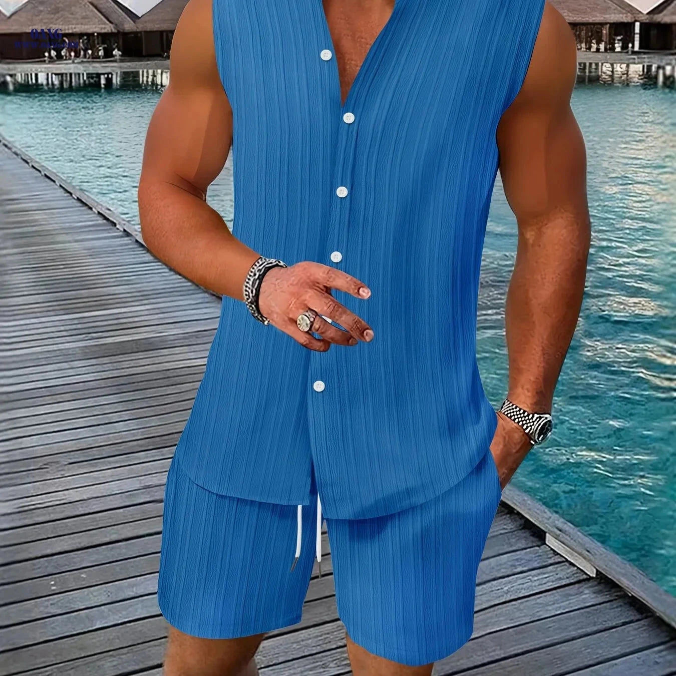 Summer Men's Casual Henley Neck Sleeveless Shirt and Shorts Set   OAXG Black / FR S