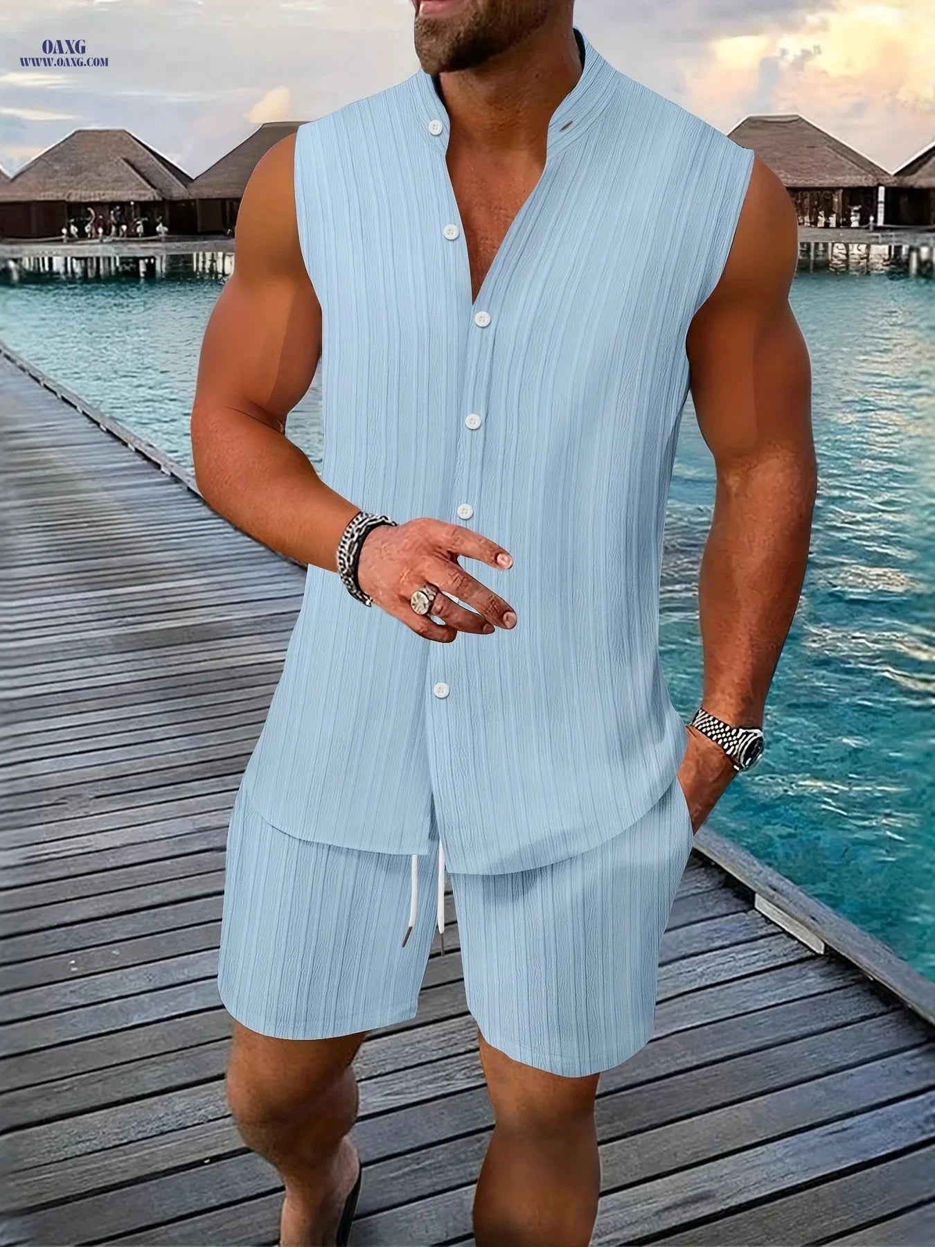 Summer Men's Casual Henley Neck Sleeveless Shirt and Shorts Set   OAXG 