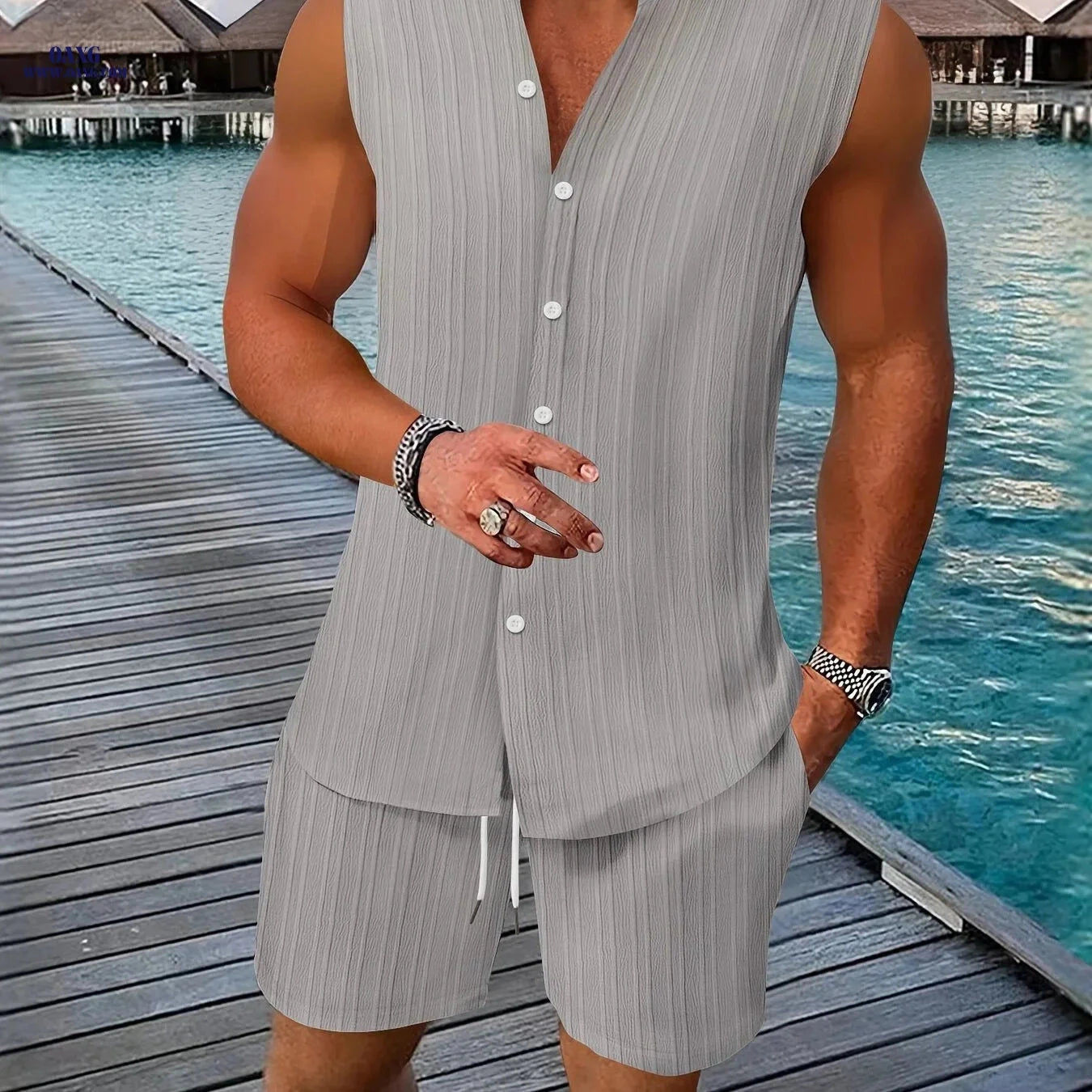 Summer Men's Casual Henley Neck Sleeveless Shirt and Shorts Set   OAXG 