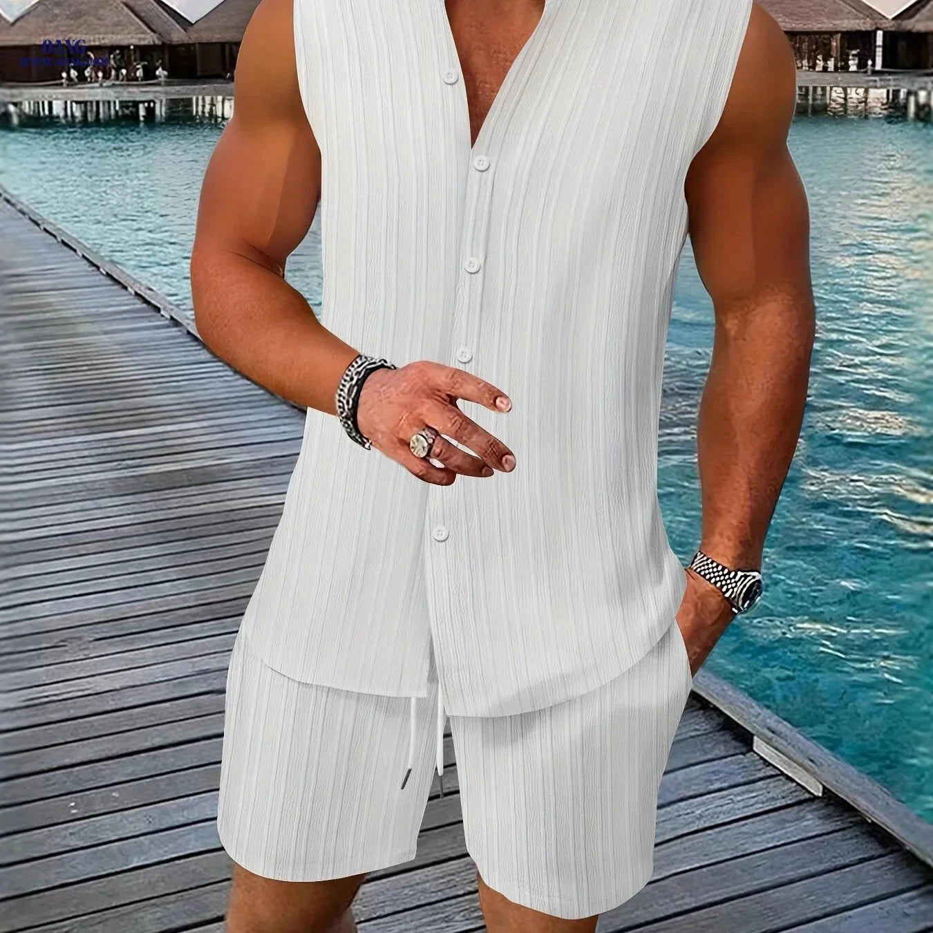 Summer Men's Casual Henley Neck Sleeveless Shirt and Shorts Set   OAXG 