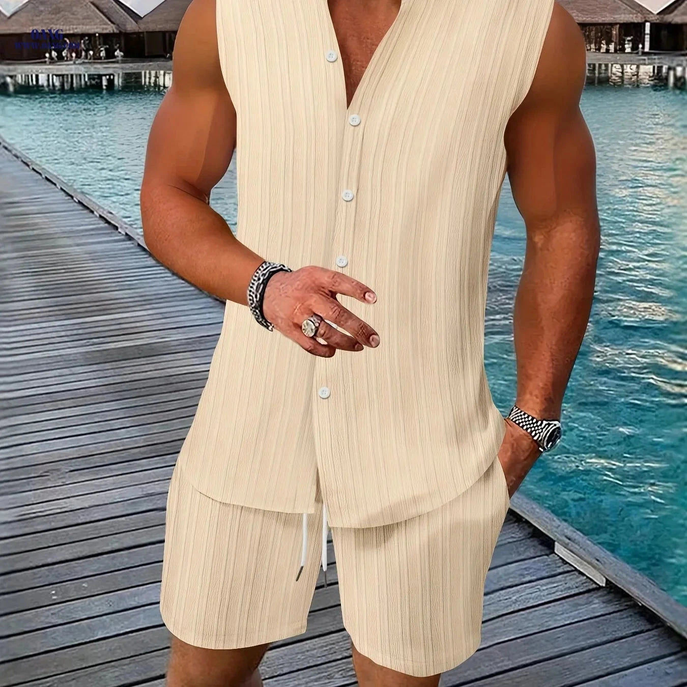 Summer Men's Casual Henley Neck Sleeveless Shirt and Shorts Set   OAXG 