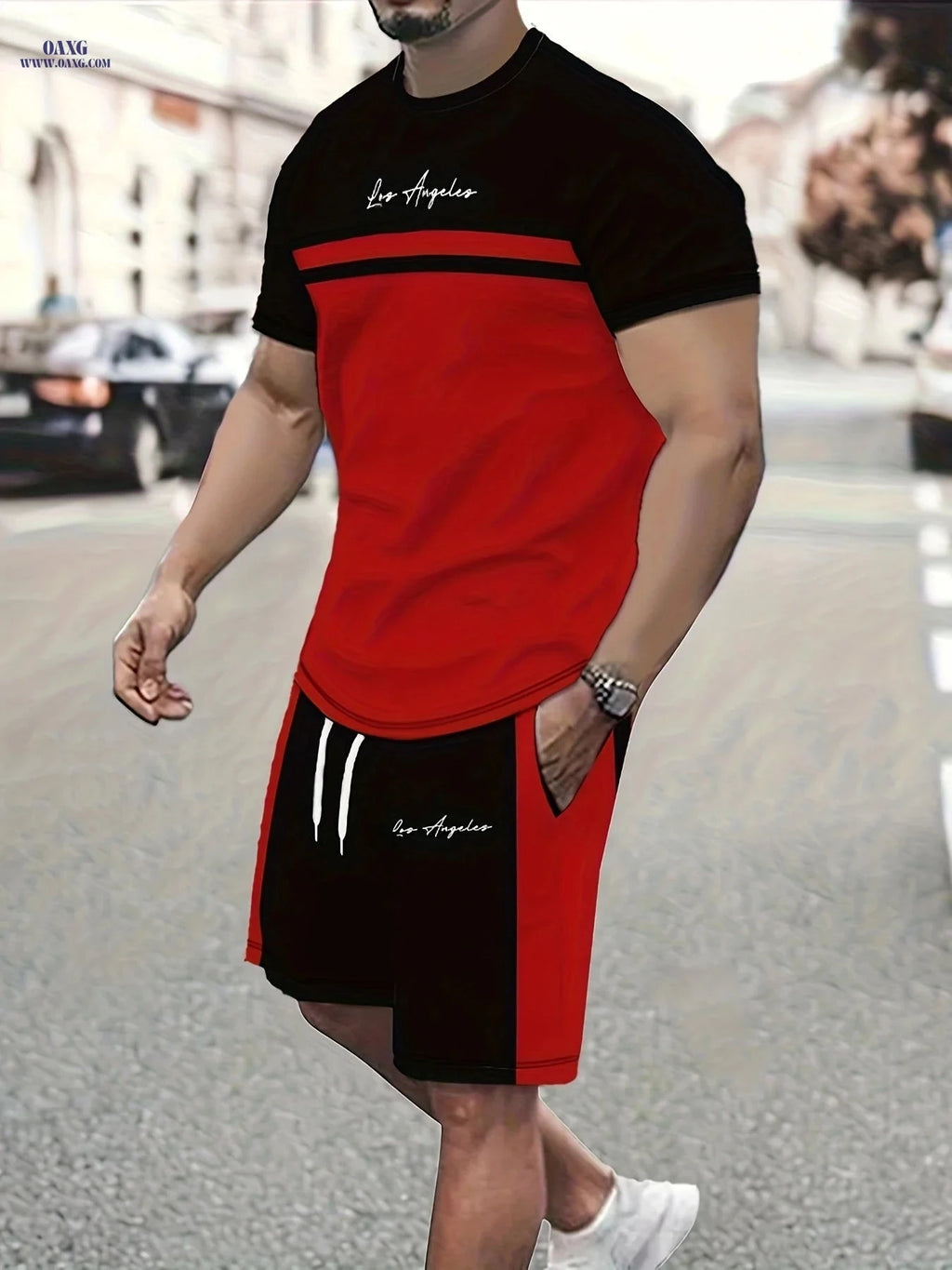 Summer Men’s Casual Two-Piece Set - Color Block T-Shirt & Shorts   OAXG 
