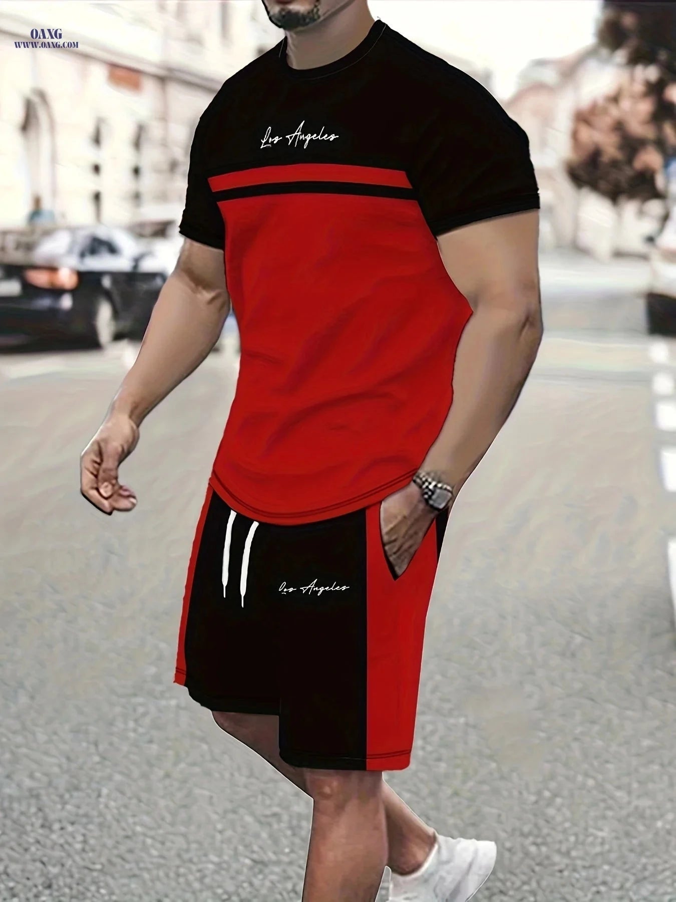 Summer Men’s Casual Two-Piece Set - Color Block T-Shirt & Shorts   OAXG 