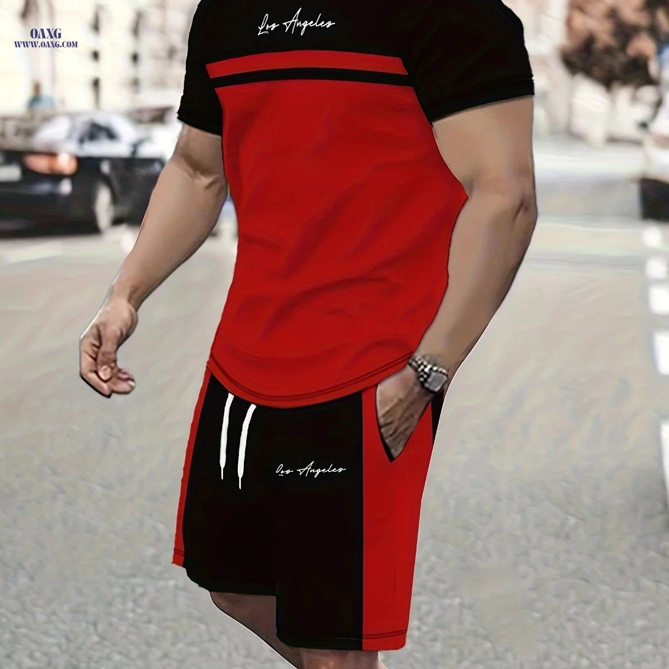 Summer Men’s Casual Two-Piece Set - Color Block T-Shirt & Shorts   OAXG 