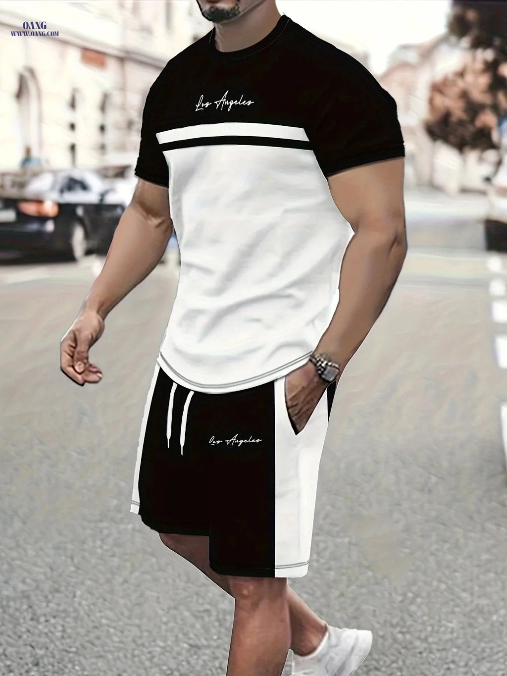 Summer Men’s Casual Two-Piece Set - Color Block T-Shirt & Shorts   OAXG 