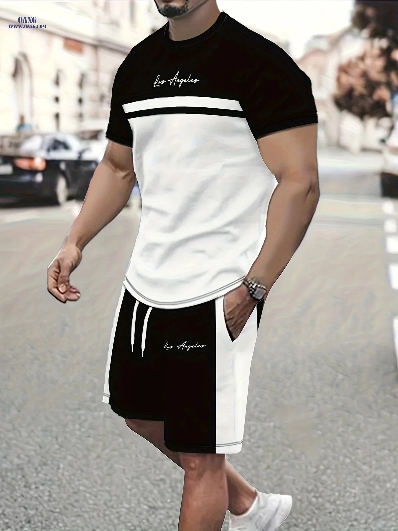 Summer Men’s Casual Two-Piece Set - Color Block T-Shirt & Shorts   OAXG 