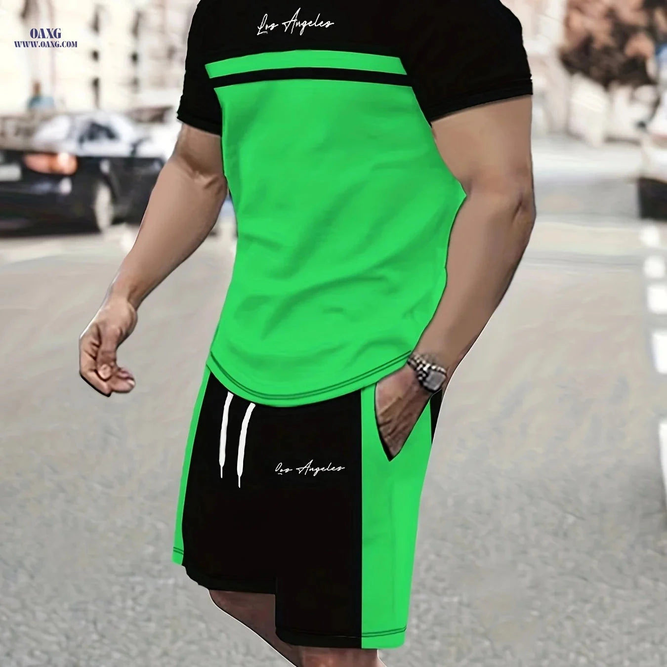 Summer Men’s Casual Two-Piece Set - Color Block T-Shirt & Shorts   OAXG Mixed colors / FR S