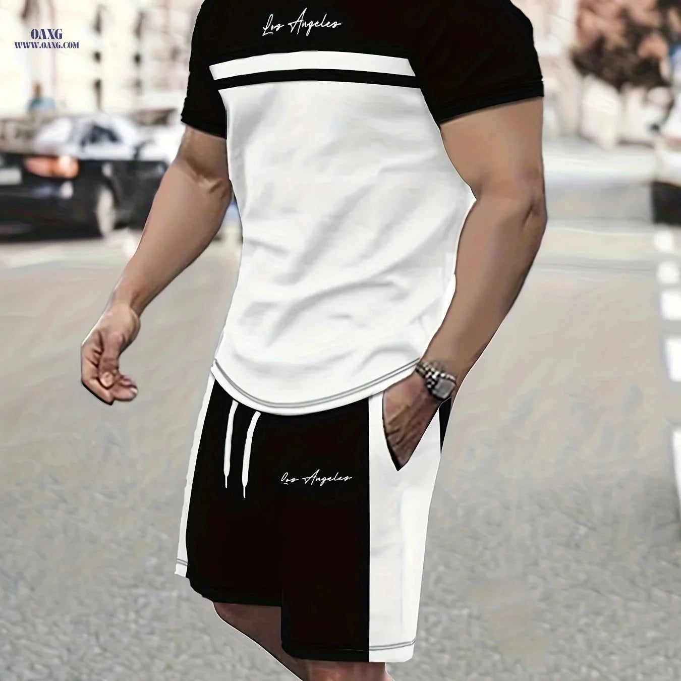 Summer Men’s Casual Two-Piece Set - Color Block T-Shirt & Shorts   OAXG Mixed colors / FR S