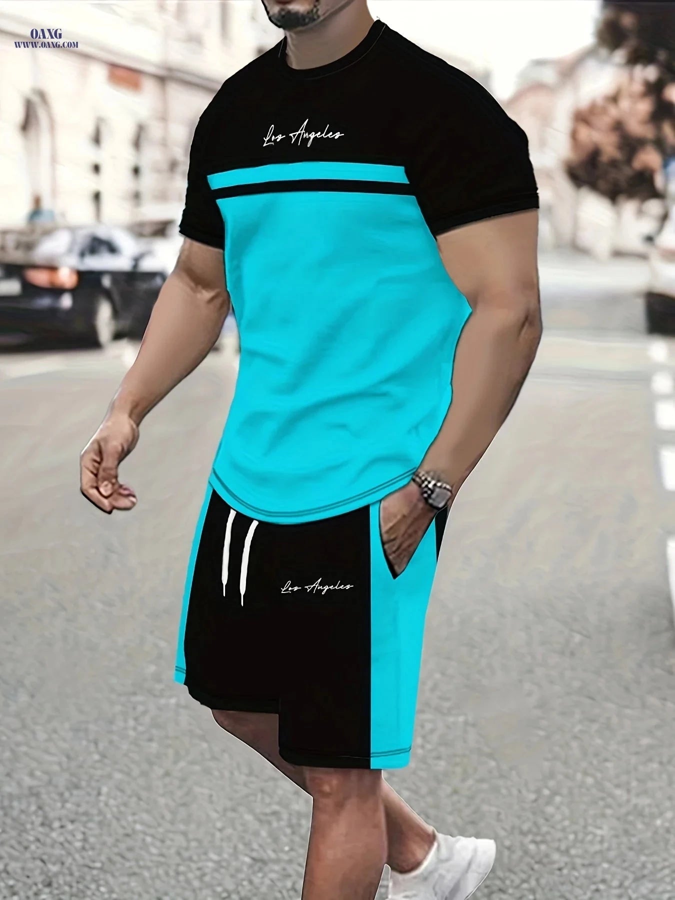 Summer Men’s Casual Two-Piece Set - Color Block T-Shirt & Shorts   OAXG Mixed colors / FR S