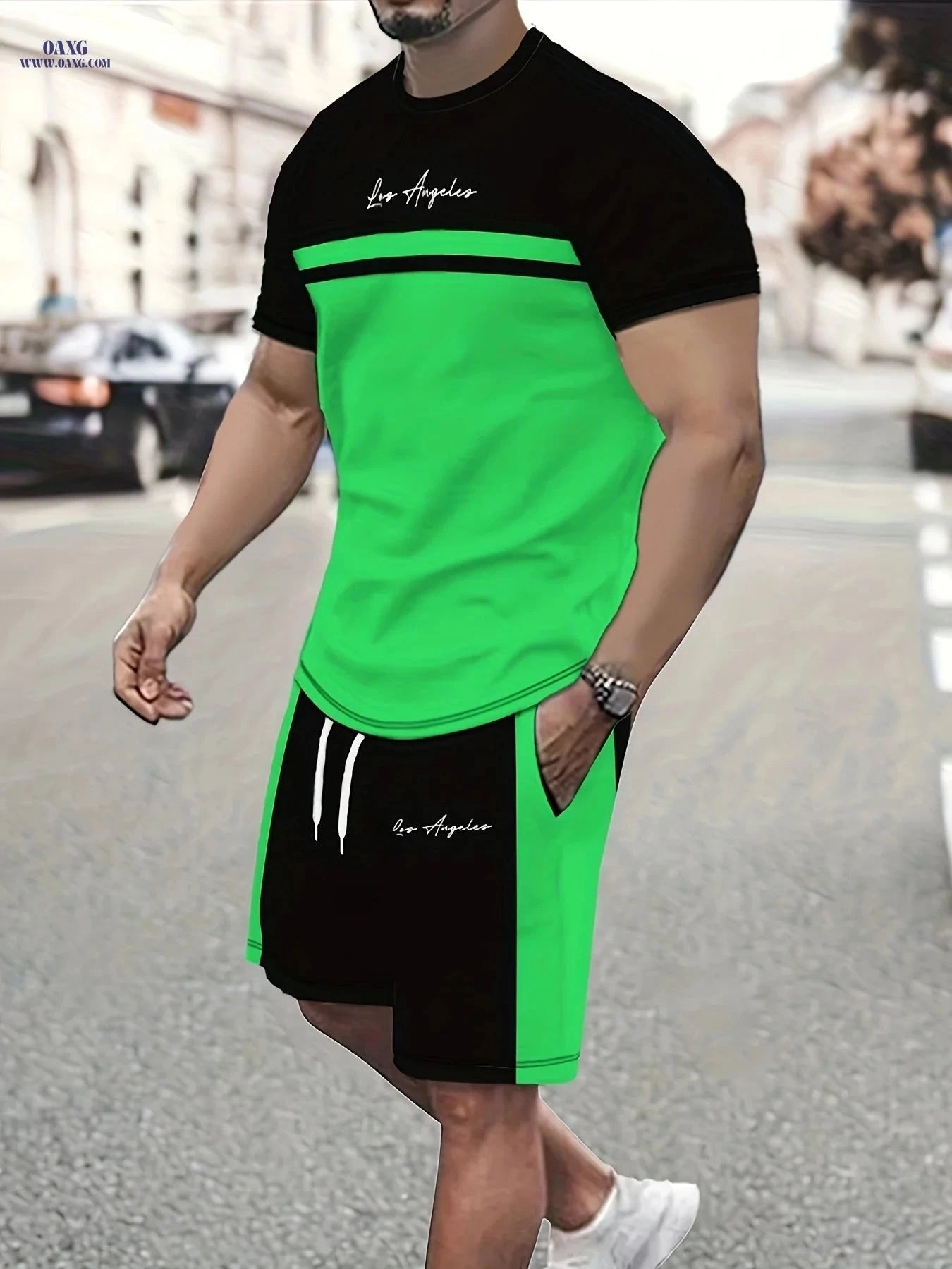 Summer Men’s Casual Two-Piece Set - Color Block T-Shirt & Shorts   OAXG 