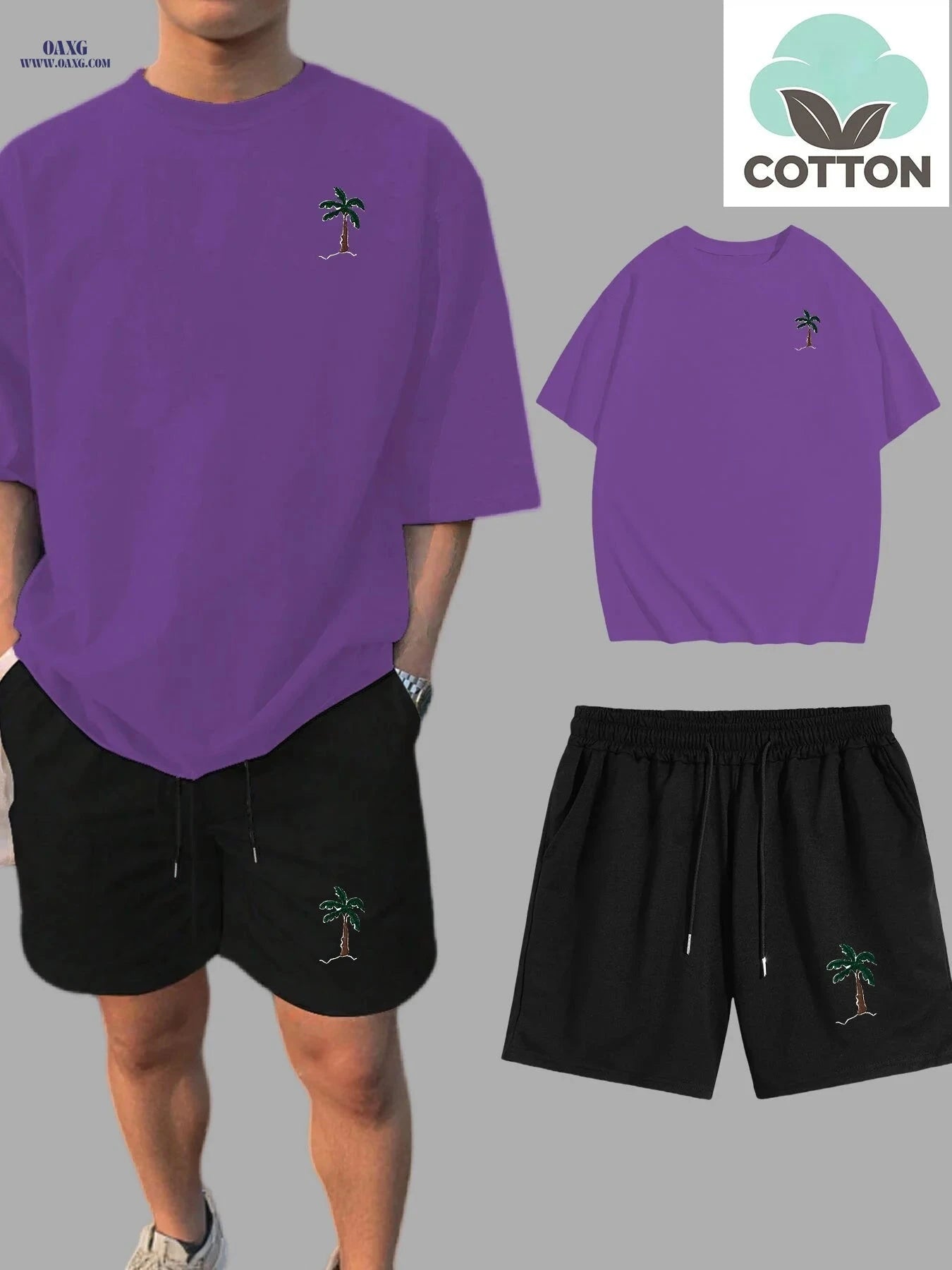 Summer Men's Drop Shoulder T-Shirt & Shorts Set - Coconut Tree Print   OAXG 