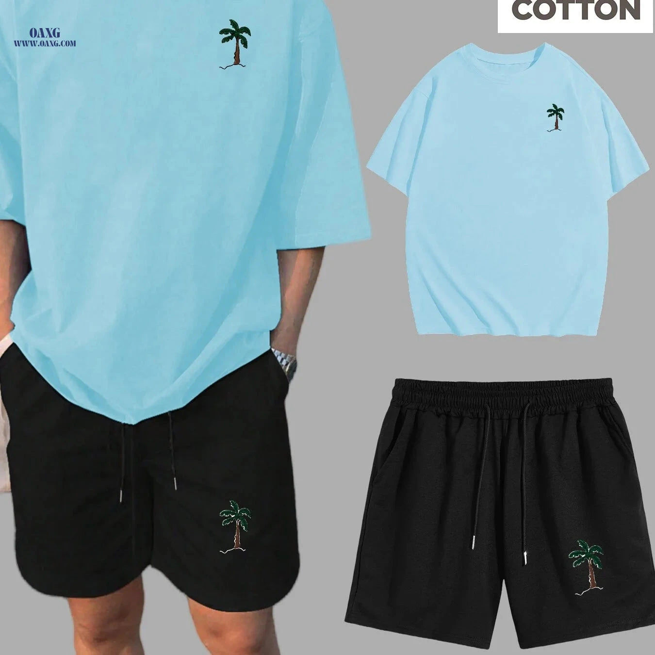 Summer Men's Drop Shoulder T-Shirt & Shorts Set - Coconut Tree Print   OAXG 