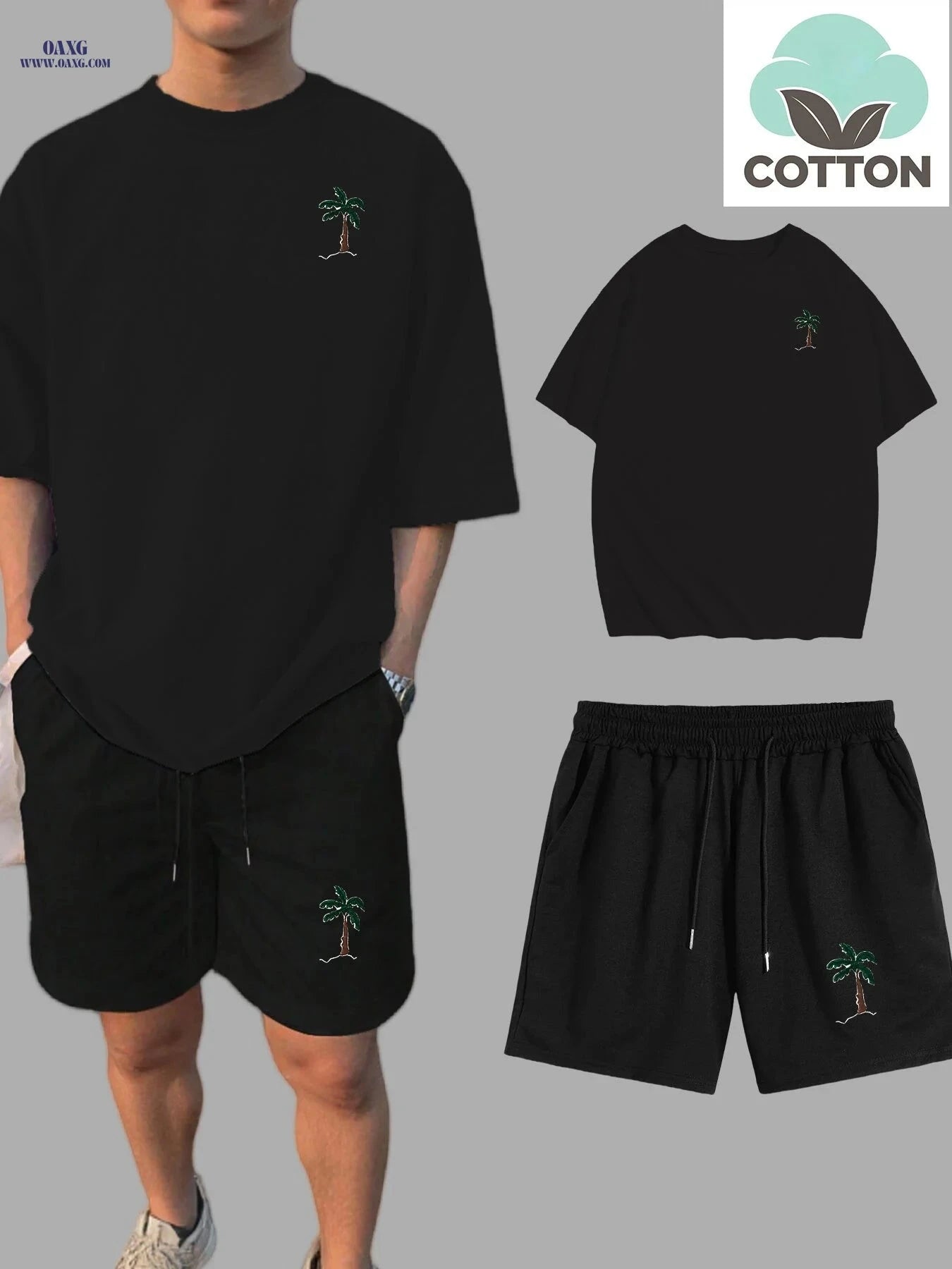 Summer Men's Drop Shoulder T-Shirt & Shorts Set - Coconut Tree Print   OAXG 