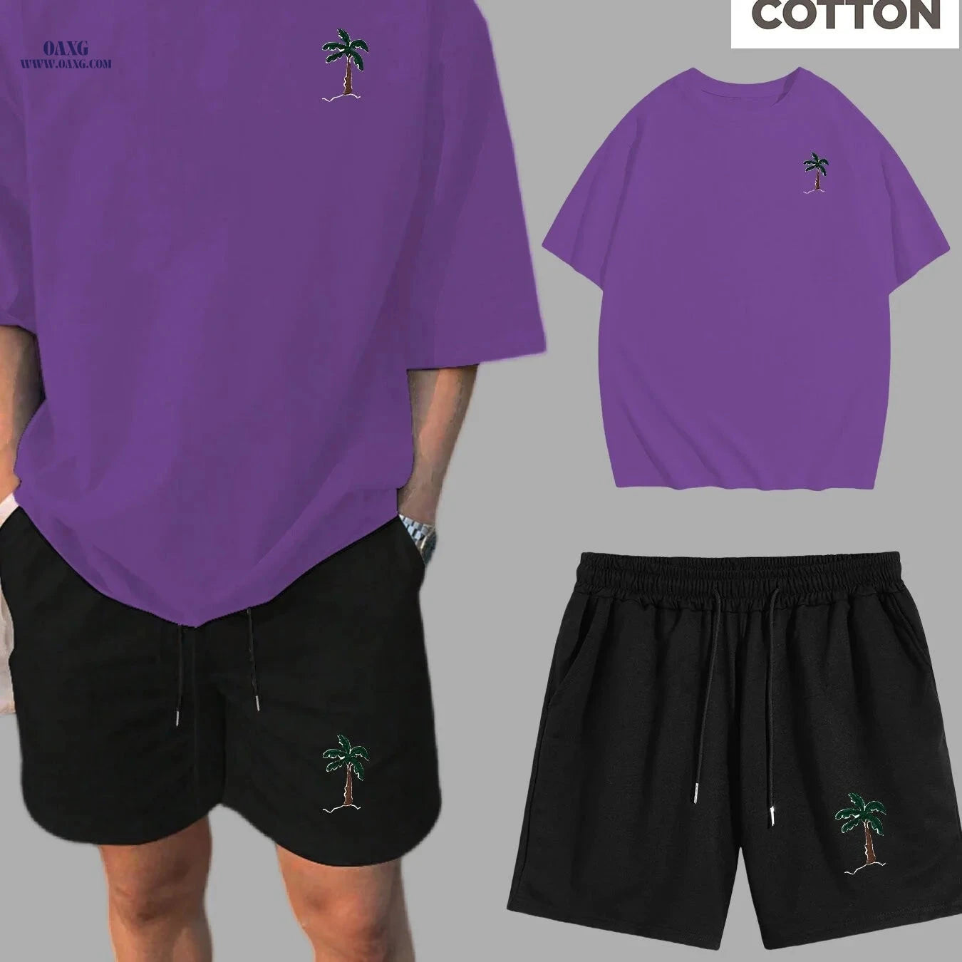 Summer Men's Drop Shoulder T-Shirt & Shorts Set - Coconut Tree Print   OAXG 