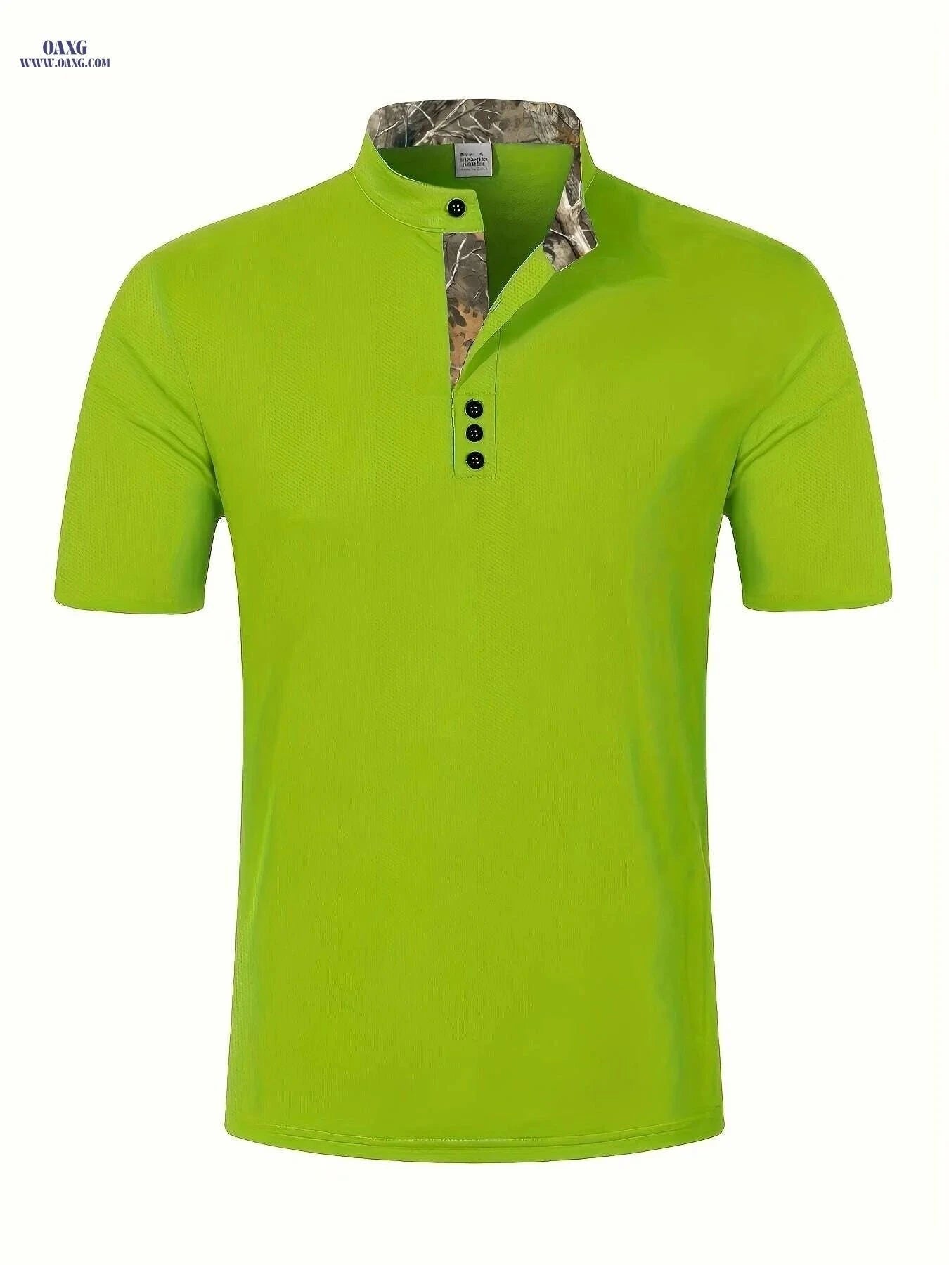 Summer Polo Shirt - Color-Blocked Solid with Camouflage Collar   OAXG Greenish Yellow / M
