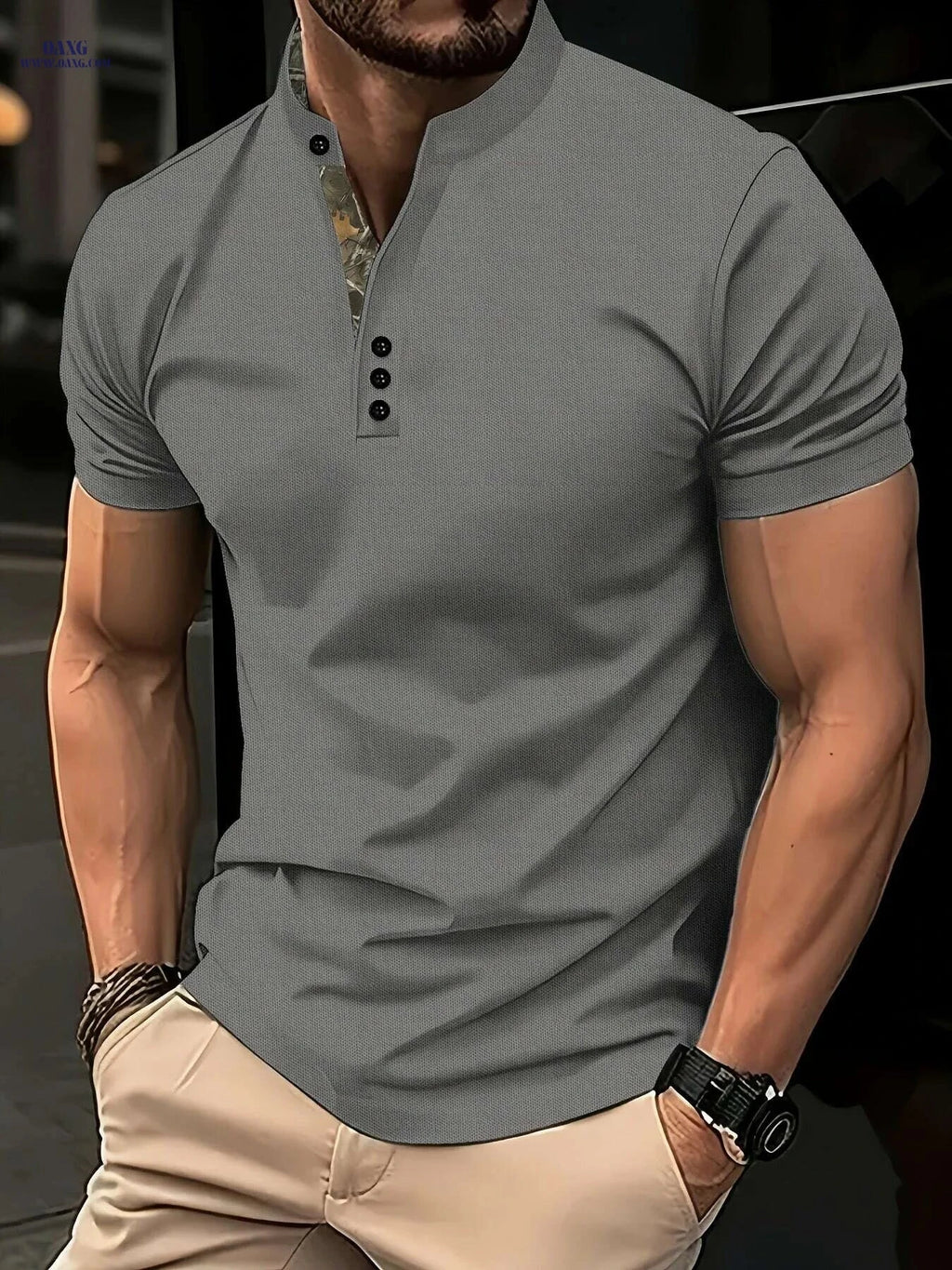 Summer Polo Shirt - Color-Blocked Solid with Camouflage Collar   OAXG Greenish Yellow / M