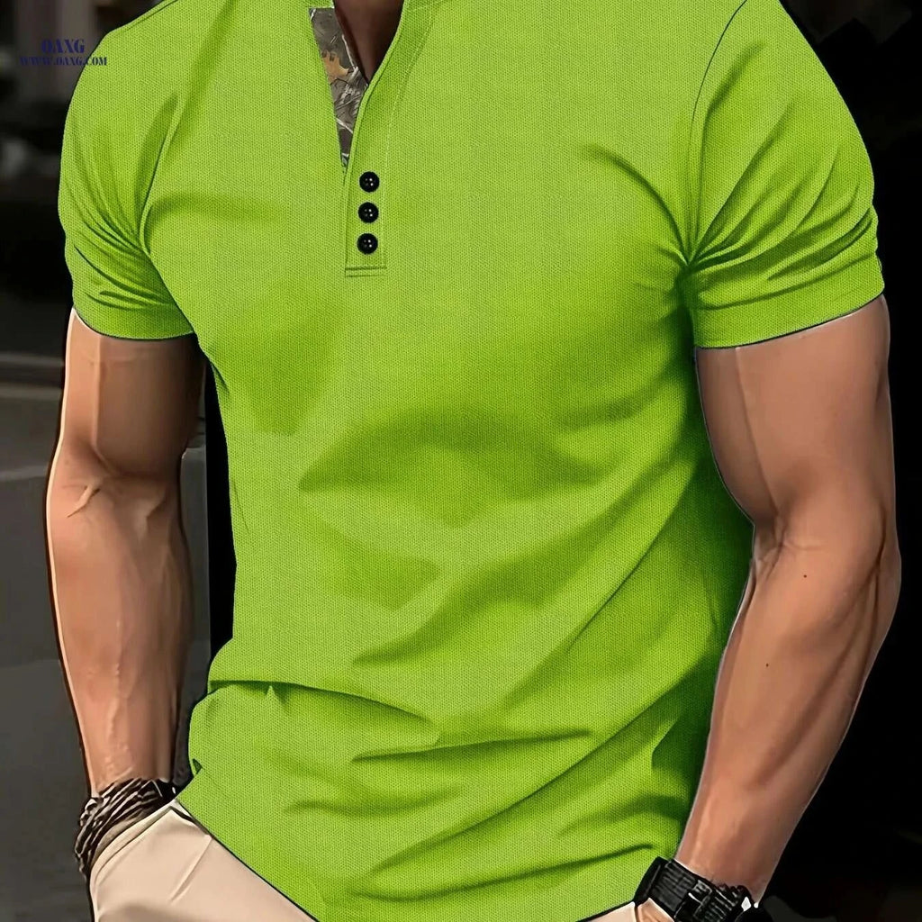 Summer Polo Shirt - Color-Blocked Solid with Camouflage Collar   OAXG Greenish Yellow / M