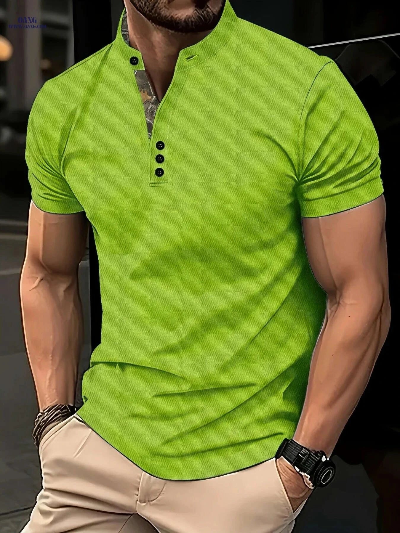 Summer Polo Shirt - Color-Blocked Solid with Camouflage Collar   OAXG Greenish Yellow / M