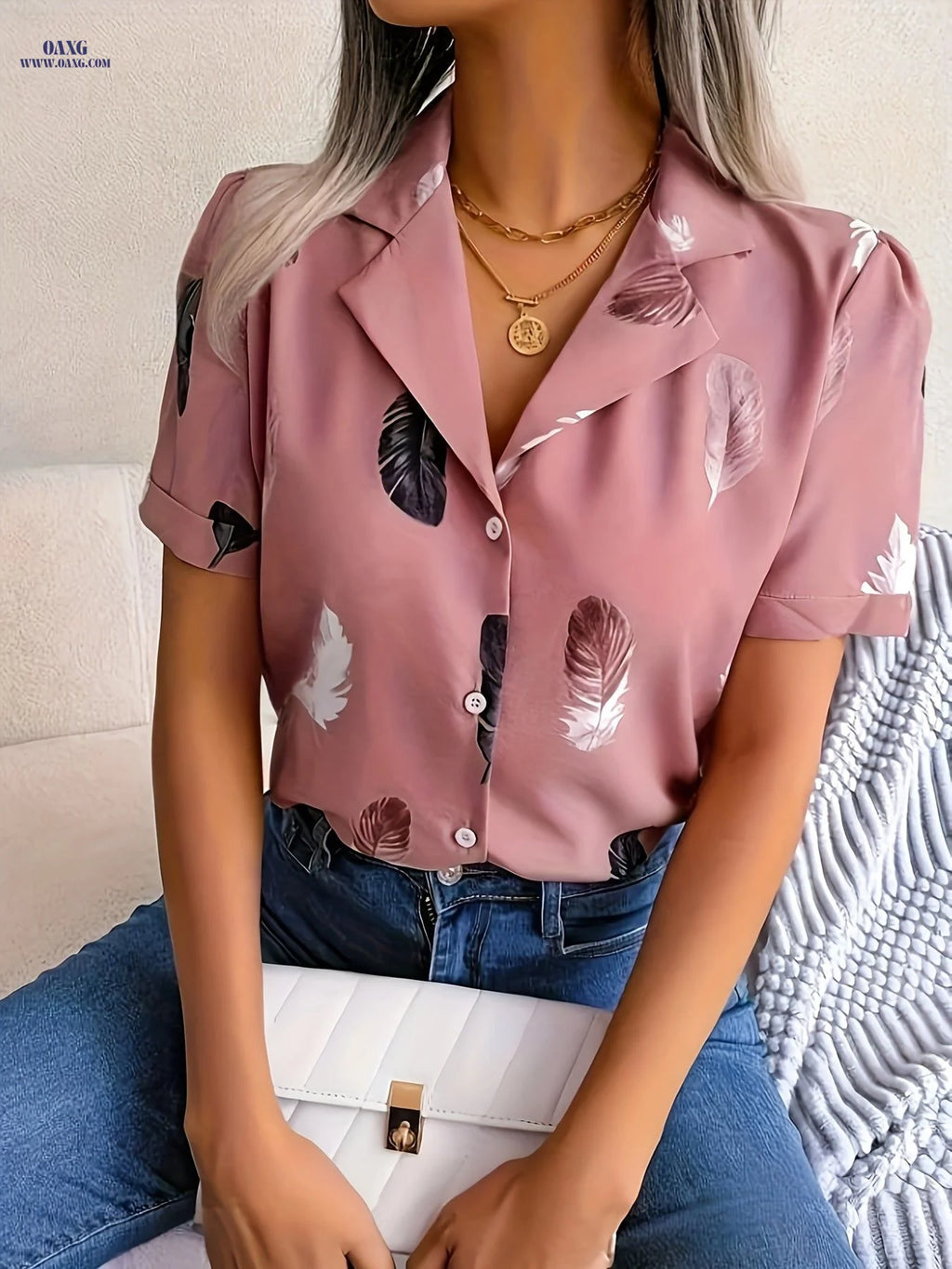Summer Print Short-Sleeved Shirt - Elegant V-Neck, 100% Polyester   OAXG Peach / S