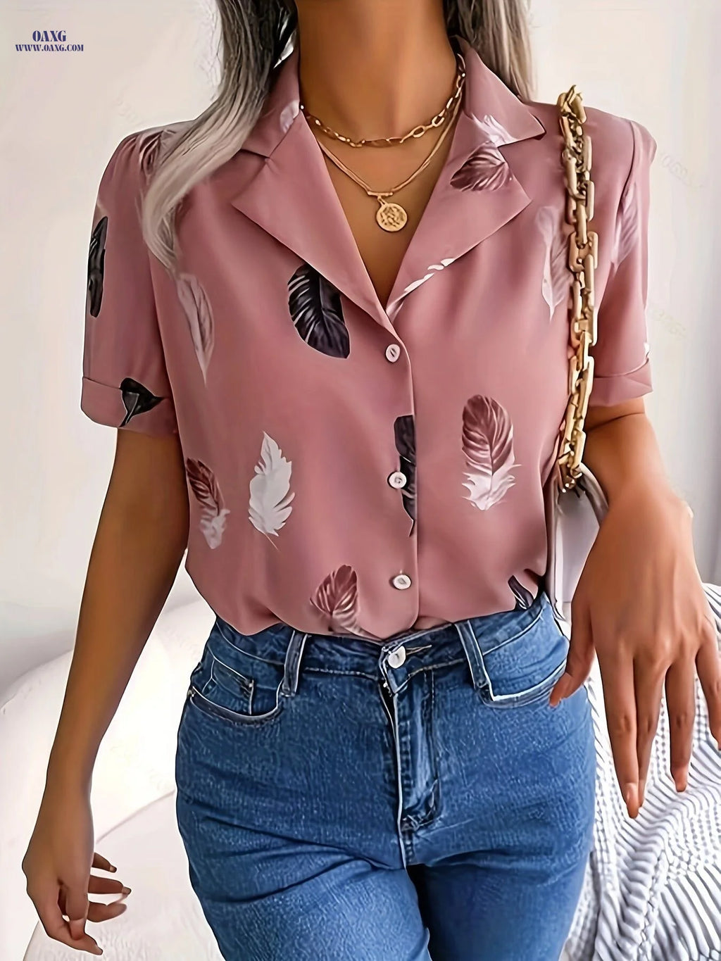 Summer Print Short-Sleeved Shirt - Elegant V-Neck, 100% Polyester   OAXG Peach / S