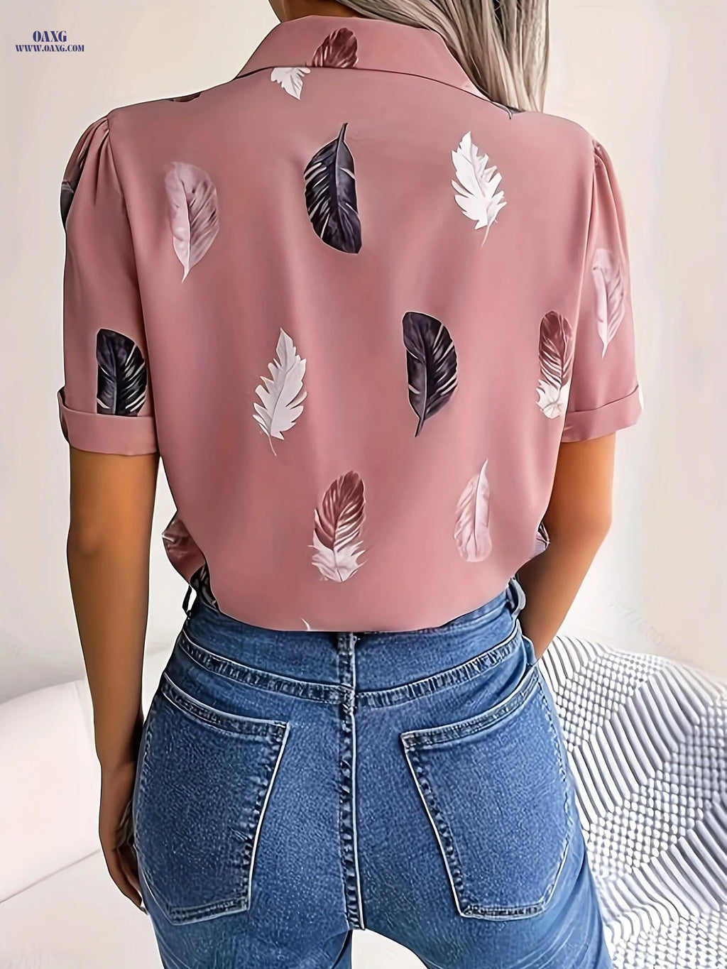 Summer Print Short-Sleeved Shirt - Elegant V-Neck, 100% Polyester   OAXG Peach / S