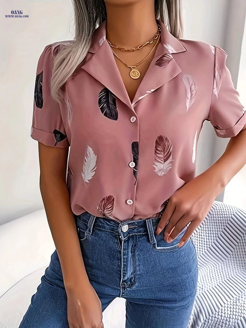 Summer Print Short-Sleeved Shirt - Elegant V-Neck, 100% Polyester   OAXG Peach / S