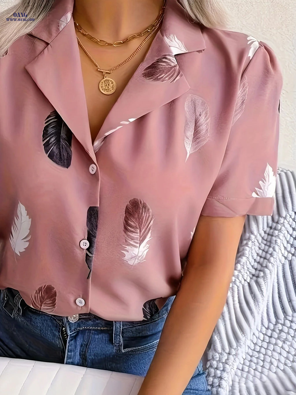 Summer Print Short-Sleeved Shirt - Elegant V-Neck, 100% Polyester   OAXG Peach / S