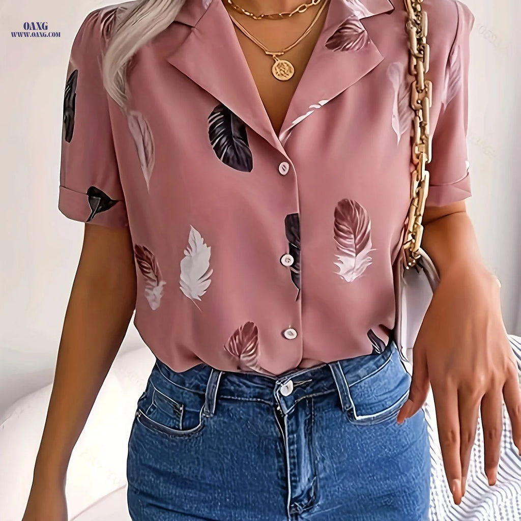 Summer Print Short-Sleeved Shirt - Elegant V-Neck, 100% Polyester   OAXG Peach / S